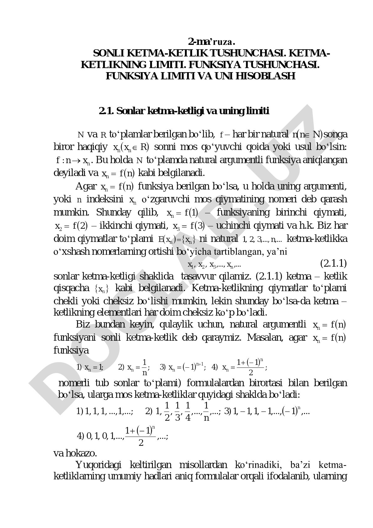 Sonli ketma-ketlik tushunchasi. Ketma-ketlikning limiti. Funksiya tushunchasi. Funksiya limiti va uni hisoblash