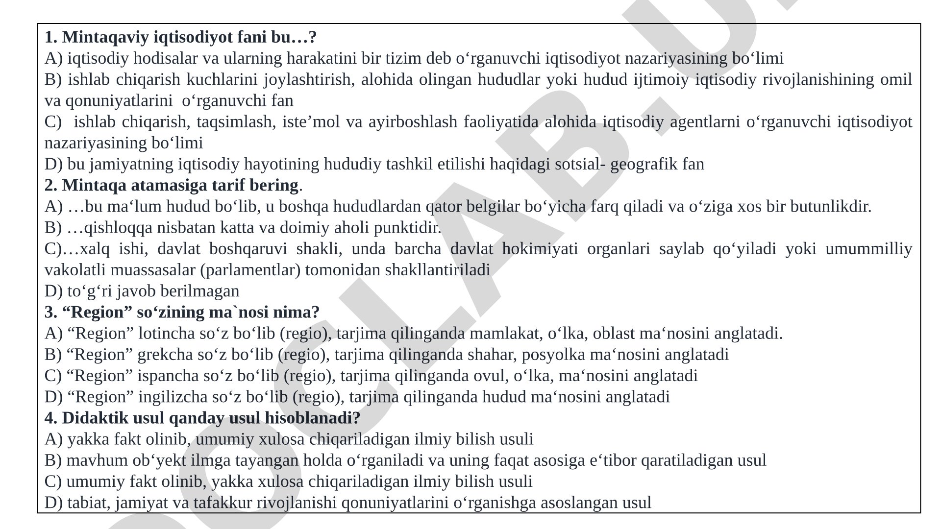 Mintaqaviy iqtisodiyot fanidan test savollari