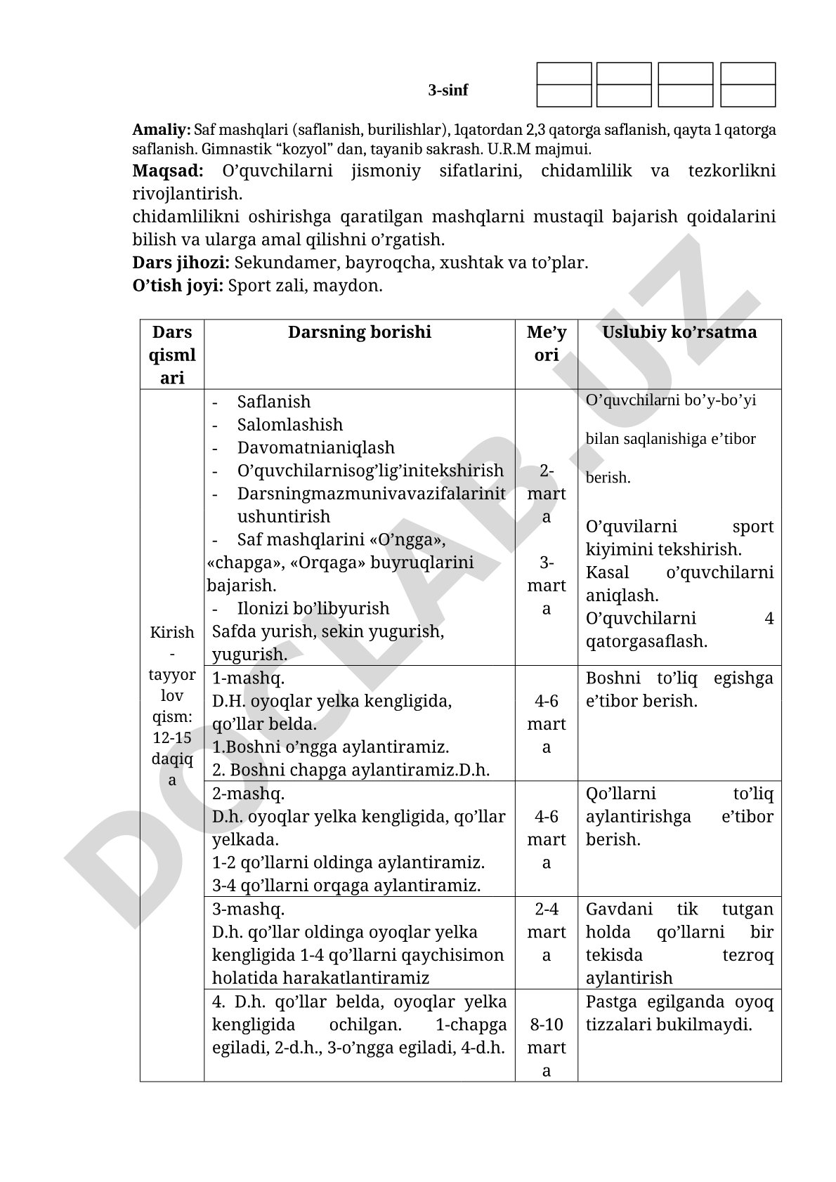 3-sinf Amaliy: Saf mashqlari va gimnastik sakrash
