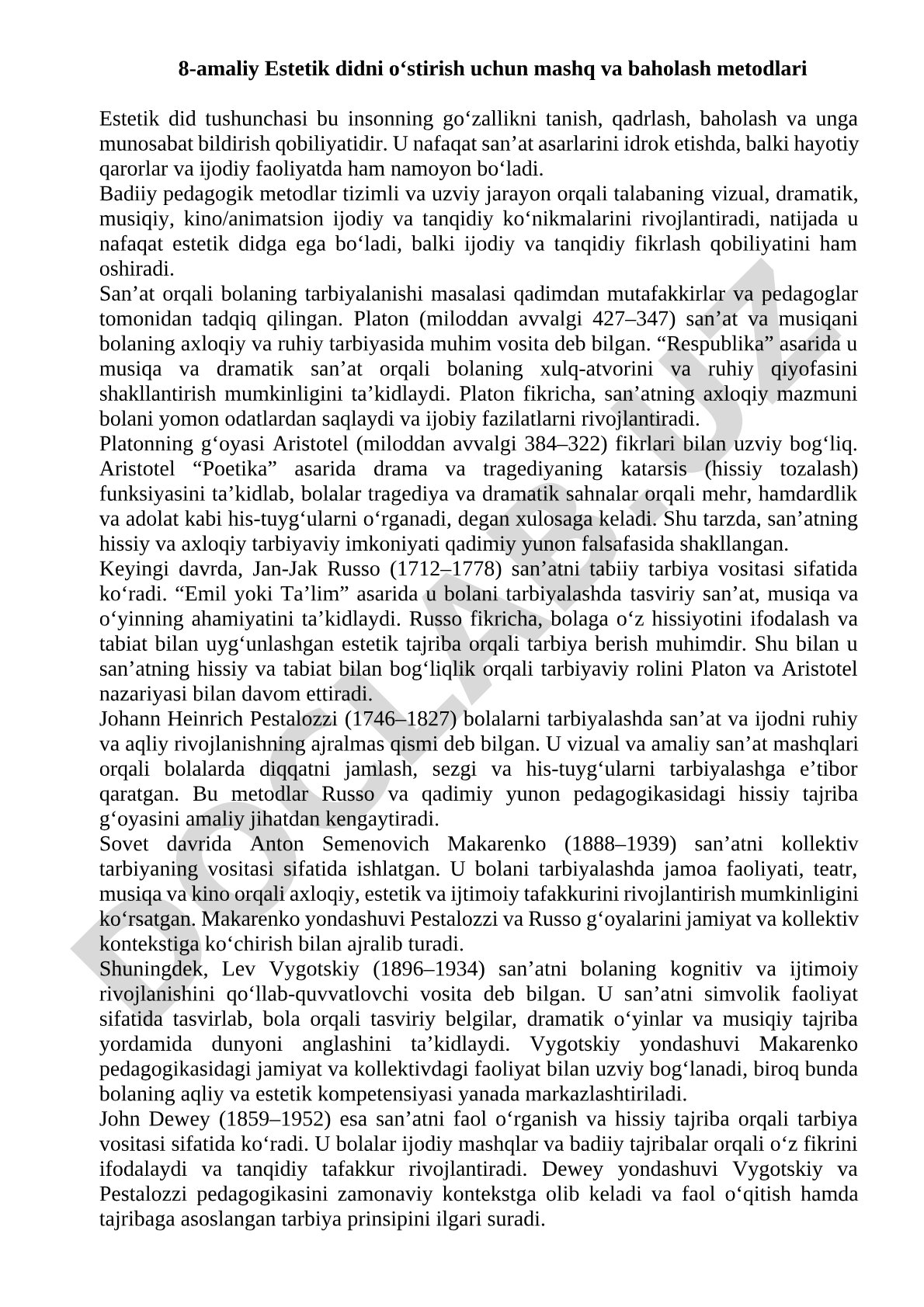 Estetik didni o‘stirish uchun mashq va baholash metodlari