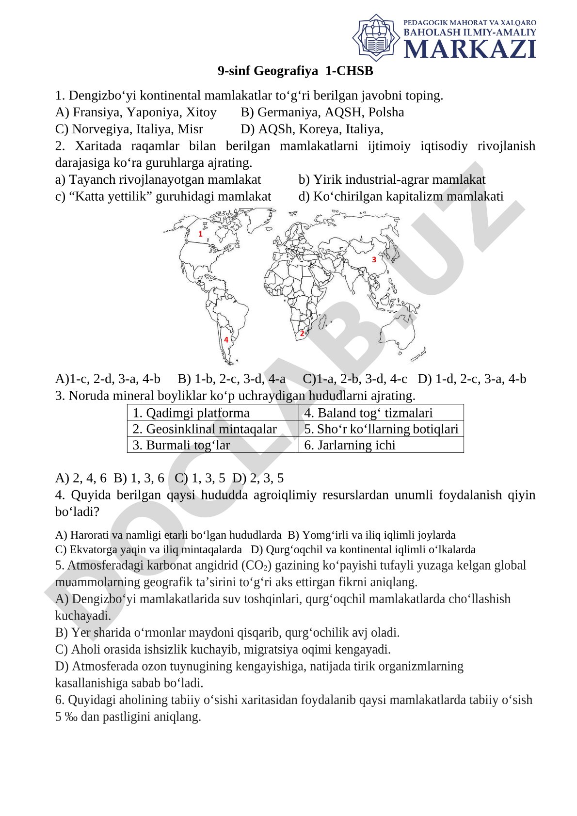 9-sinf geografiya fanidan 1-CHSB uchun test savollari