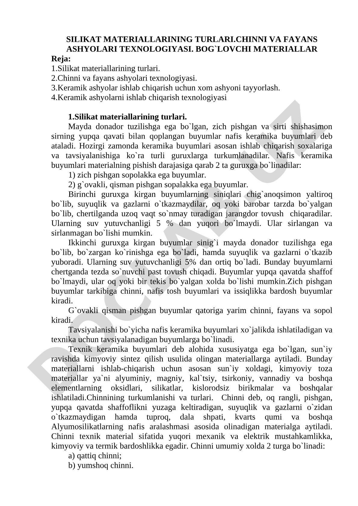 Silikat materiallari turlari, chinni va fayans ashyolari texnologiyasi