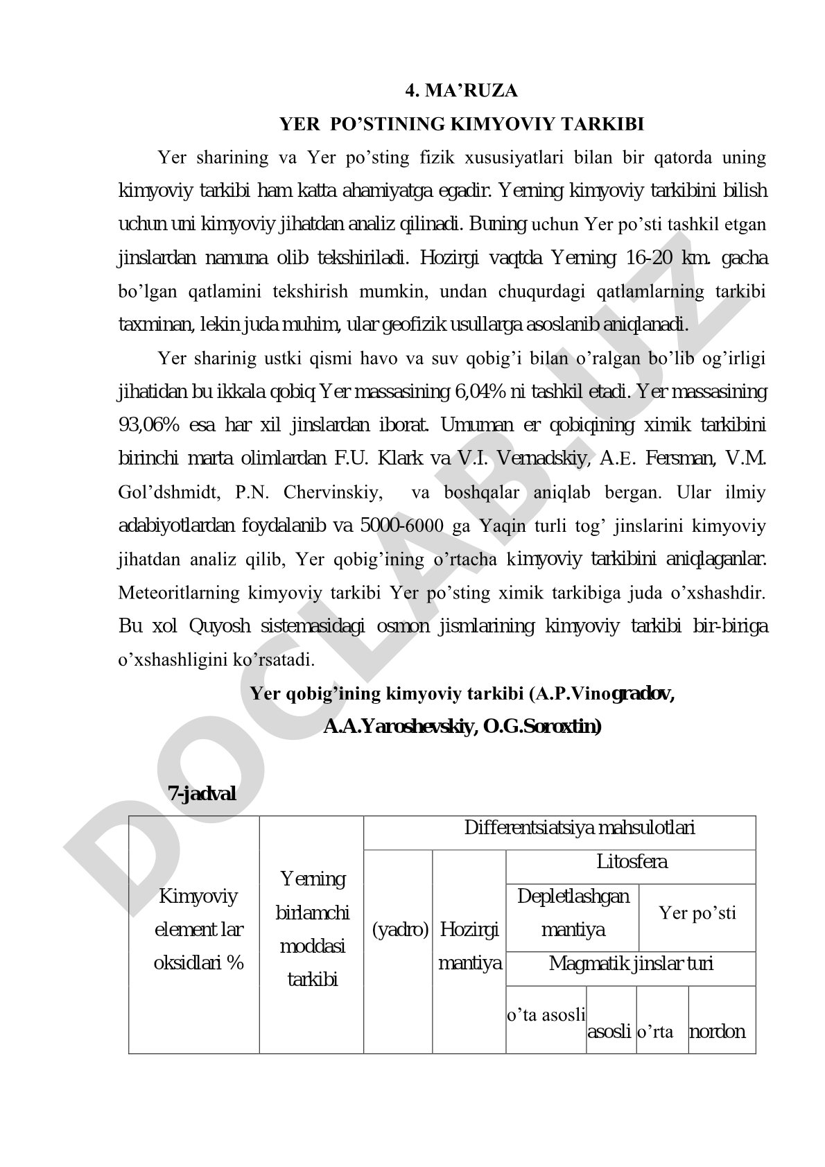 Yer po'stining kimyoviy tarkibi