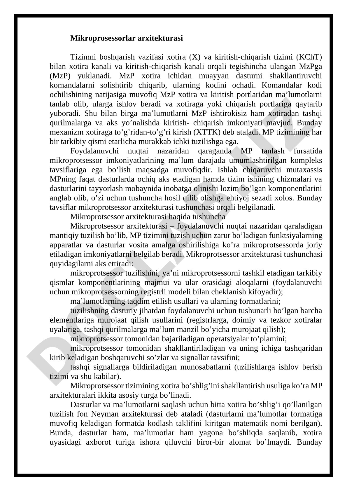 Mikroprotsessorlarning xotira va KChT bilan ishlashi, XTTK haqida