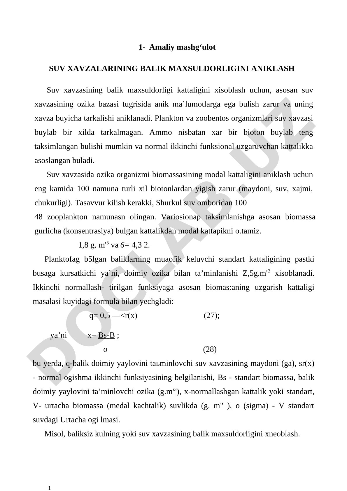Suv xavzalarining baliq maxsuldorligini aniqlash