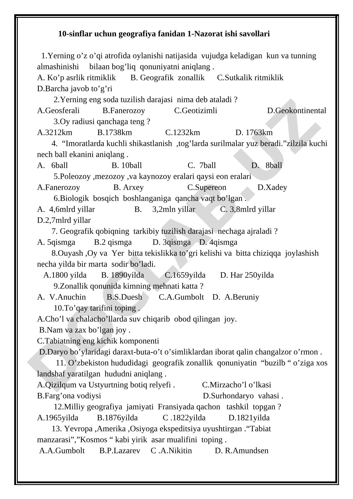 10-sinflar uchun geografiya fanidan 1-nazorat ishi savollari