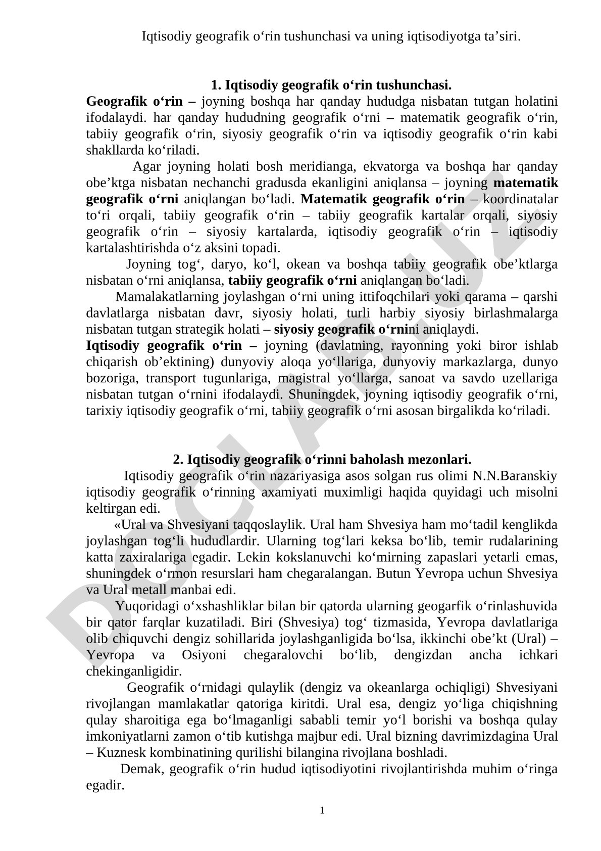 Iqtisodiy geografik o‘rin tushunchasi va uning iqtisodiyotga ta’siri