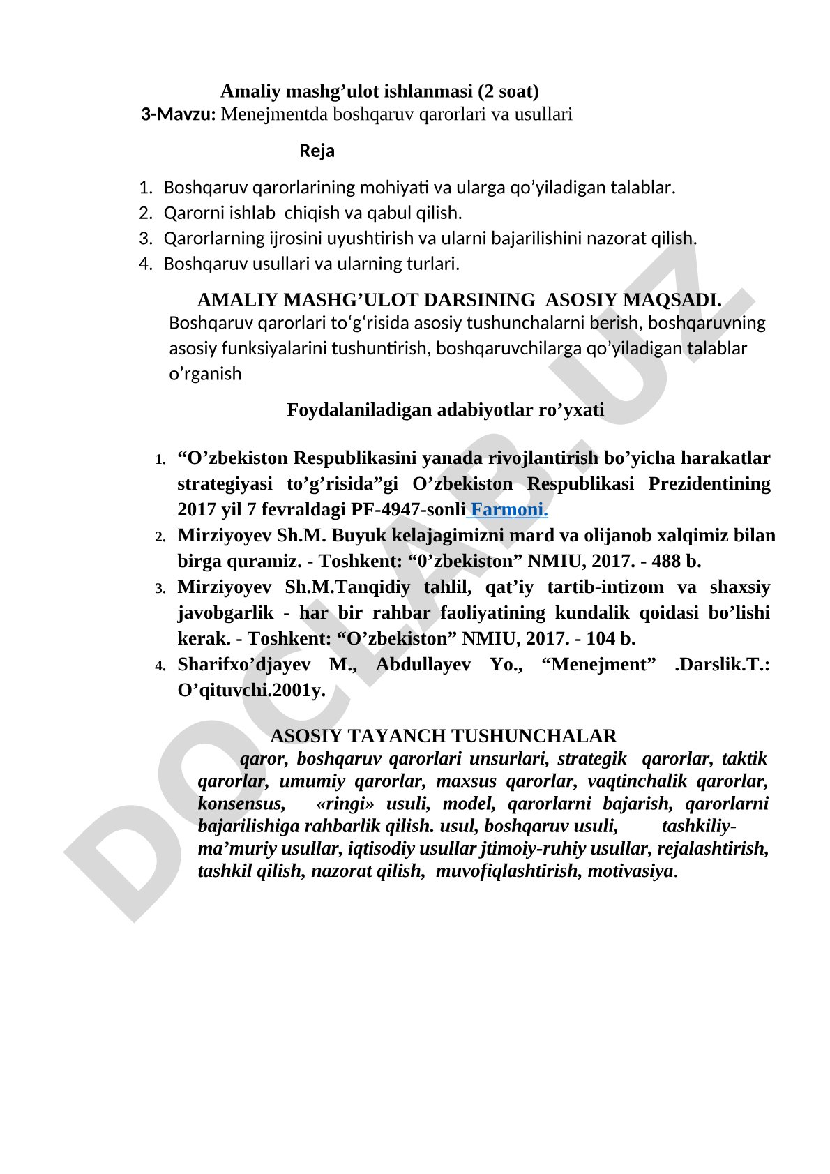 Menejmentda boshqaruv qarorlari va usullari