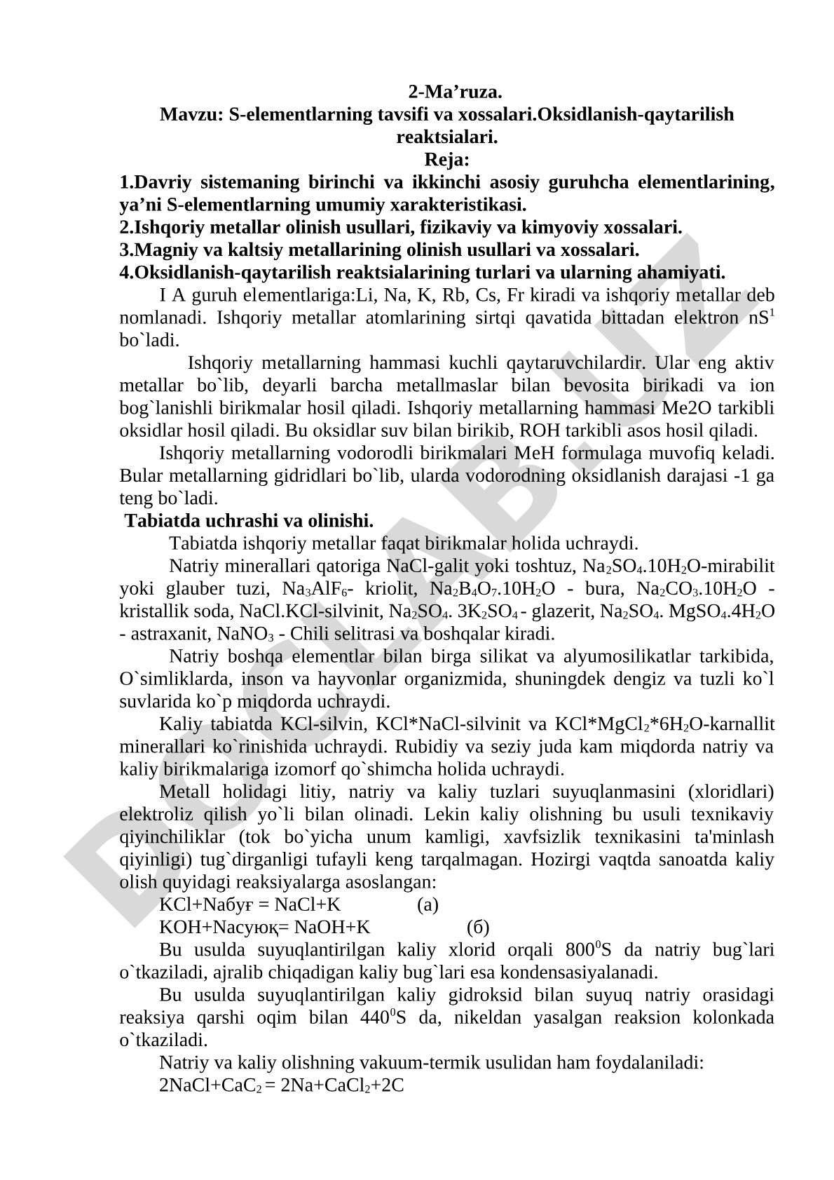 S-elementlarning tavsifi va xossalari. Oksidlanish-qaytarilish reaktsialari.