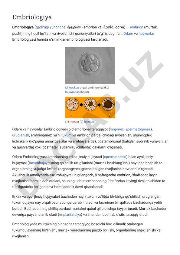Embriologiya fanining asosiy tushunchalari va rivojlanish bosqichlari