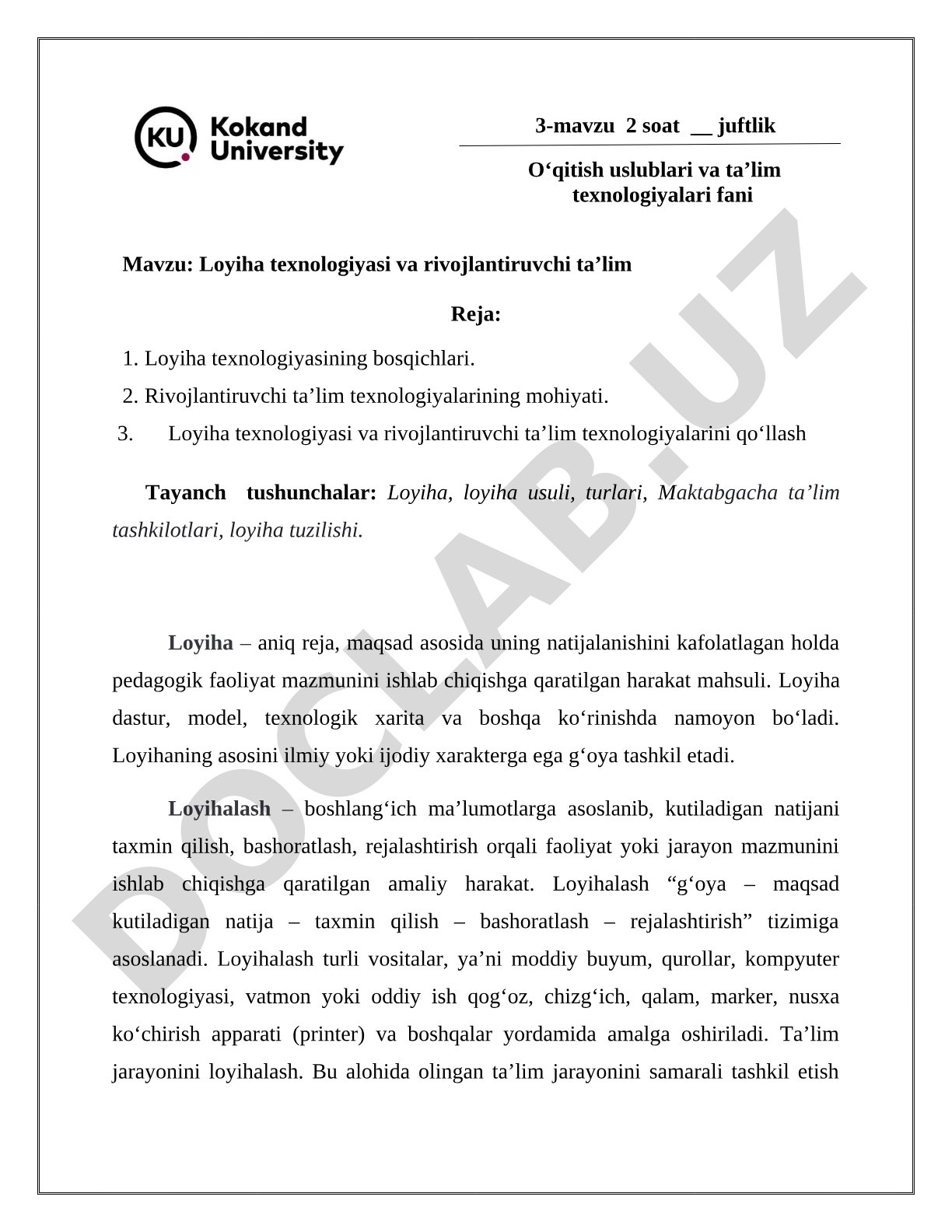 Loyiha texnologiyasi va rivojlantiruvchi ta'lim