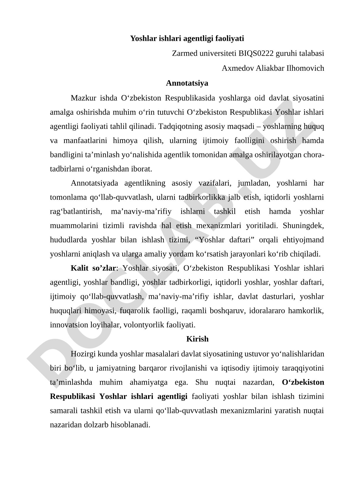 Yoshlar ishlari agentligi faoliyati