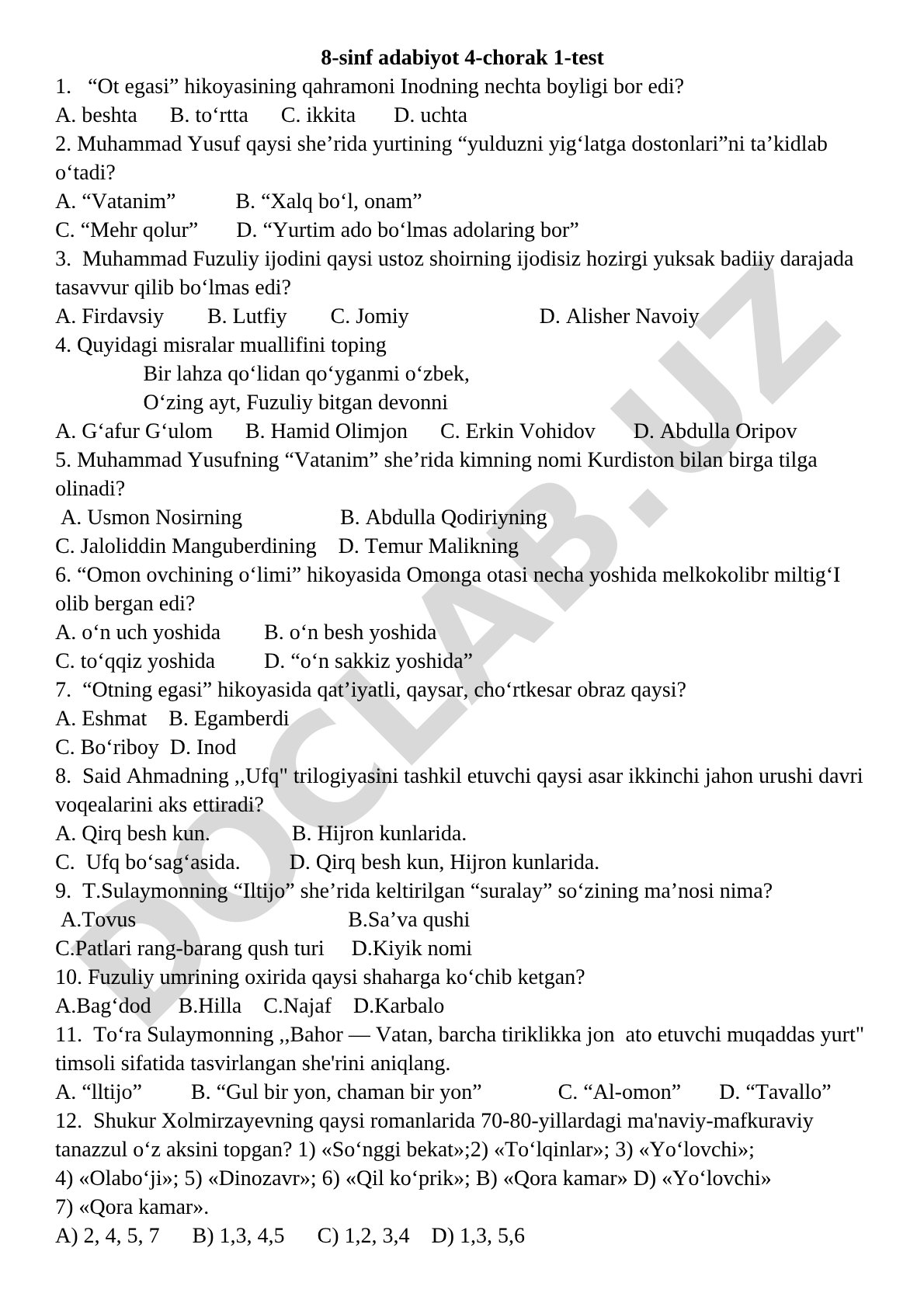 8-sinf adabiyot 4-chorak 1-test