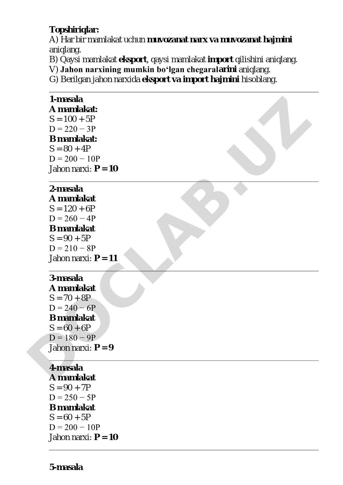 Muvozanat narx va eksport-import masalalari