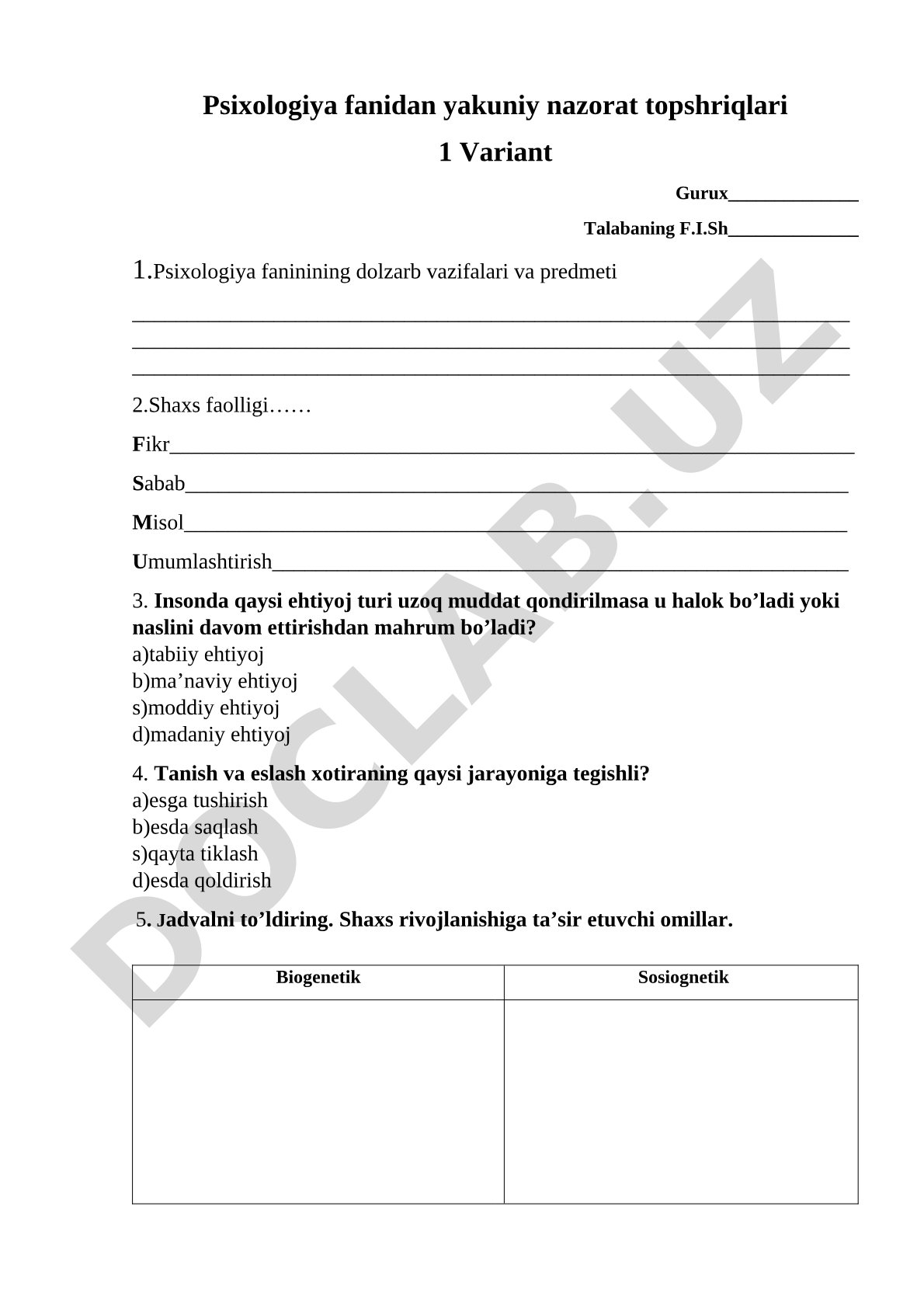 Psixologiya fanidan yakuniy nazorat topshriqlari 1 Variant