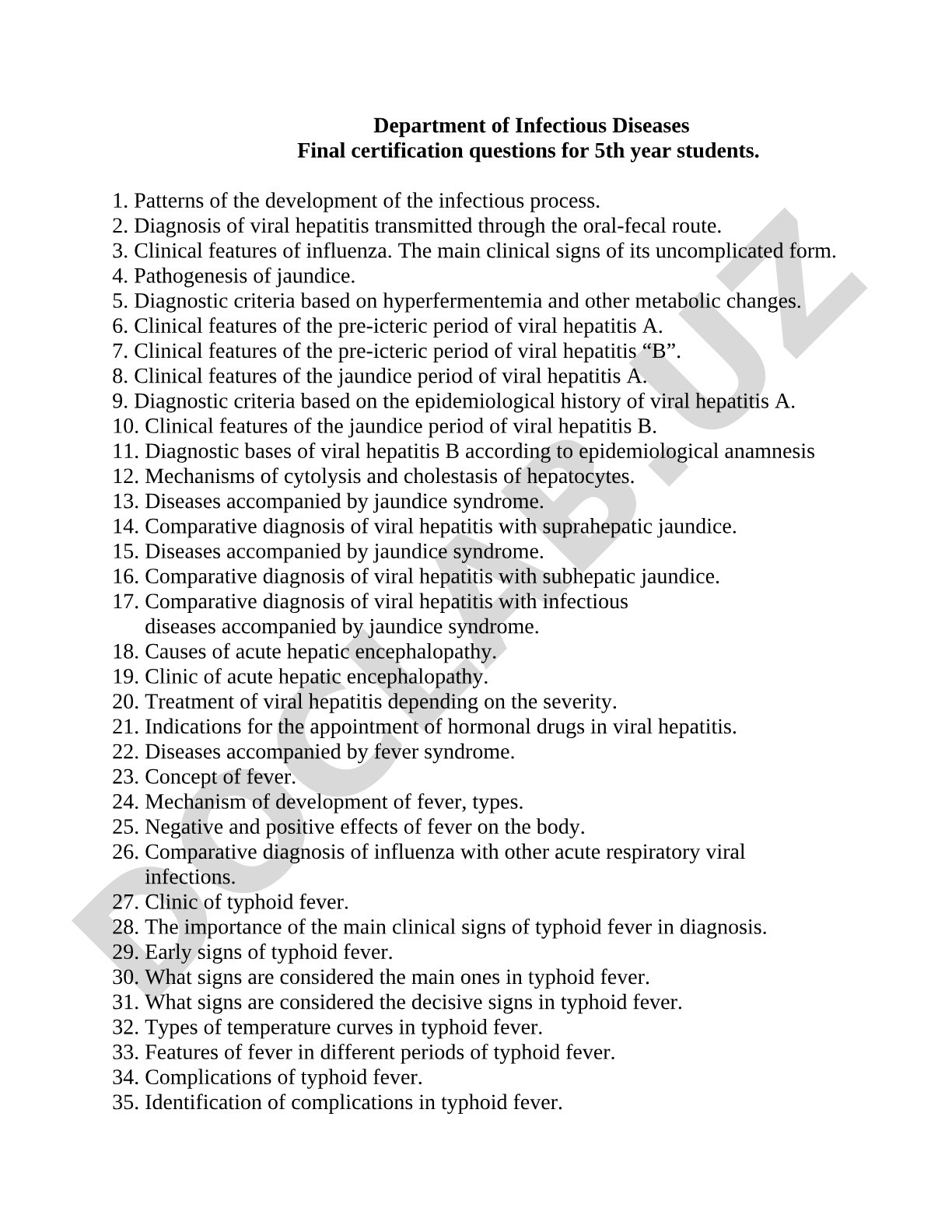 Infectious Diseases Final Certification Questions for Medical Students