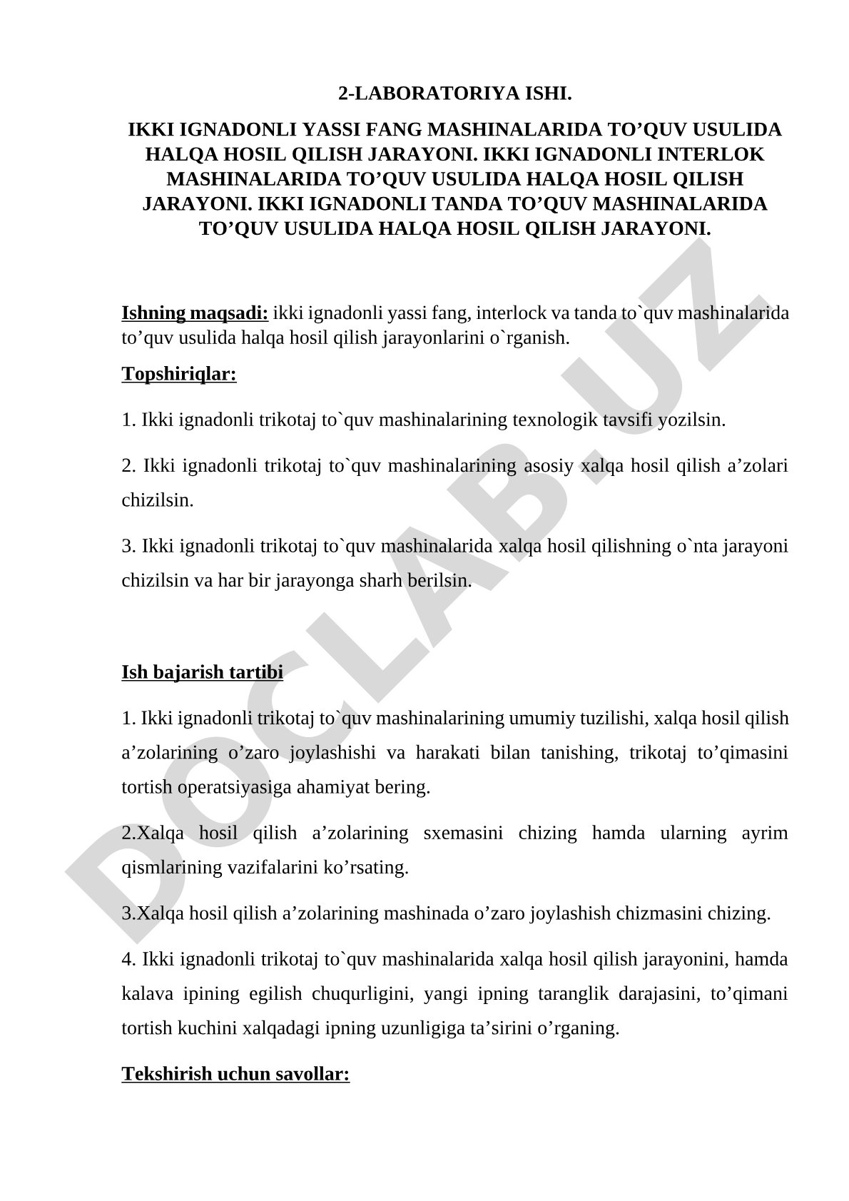 Ikki ignadonli yassi fang, interlok va tanda to'quv mashinalarida to'quv usulida halqa hosil qilish jarayoni