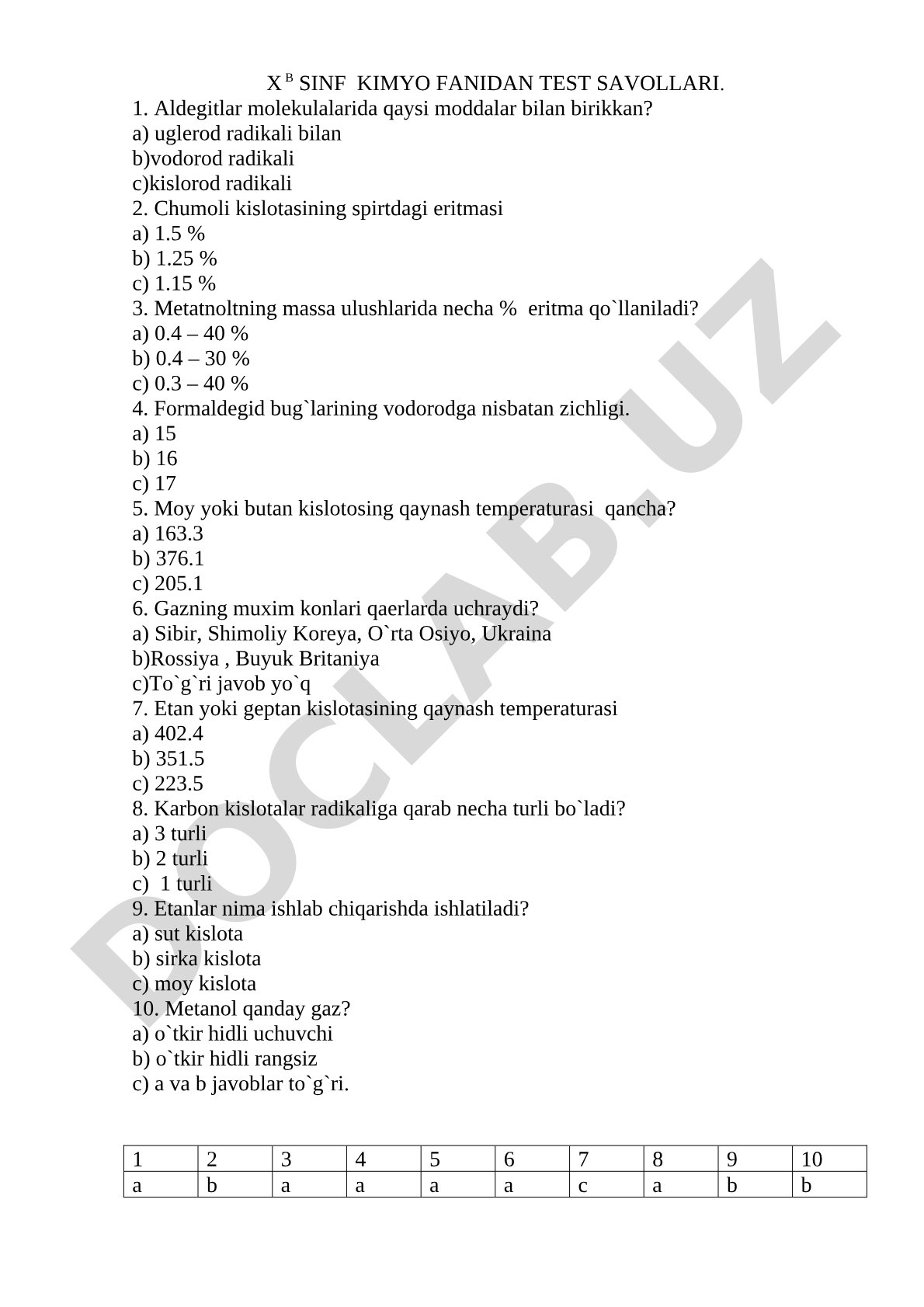 X B sinf kimyo fanidan test savollari
