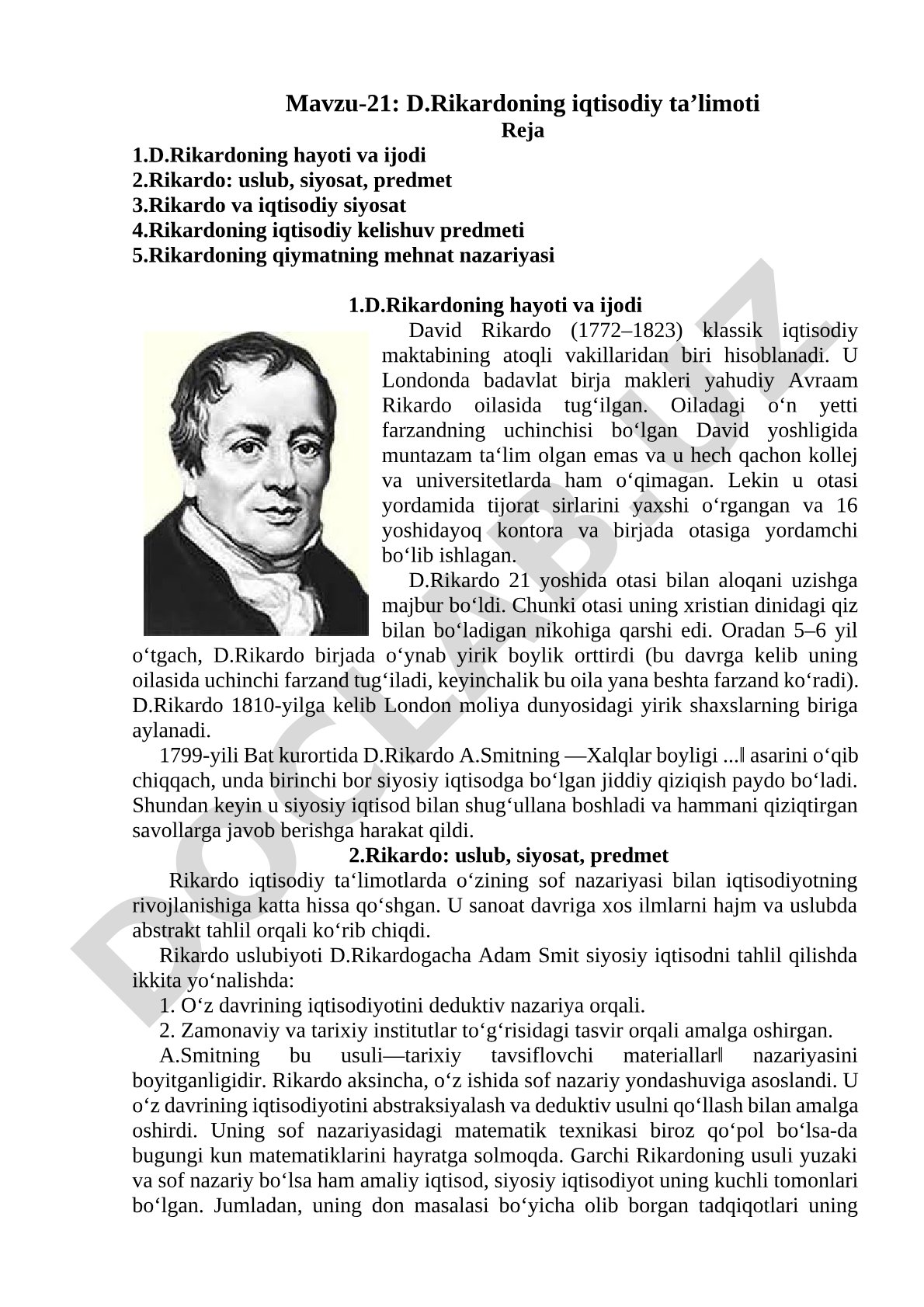D.Rikardoning iqtisodiy ta'limoti