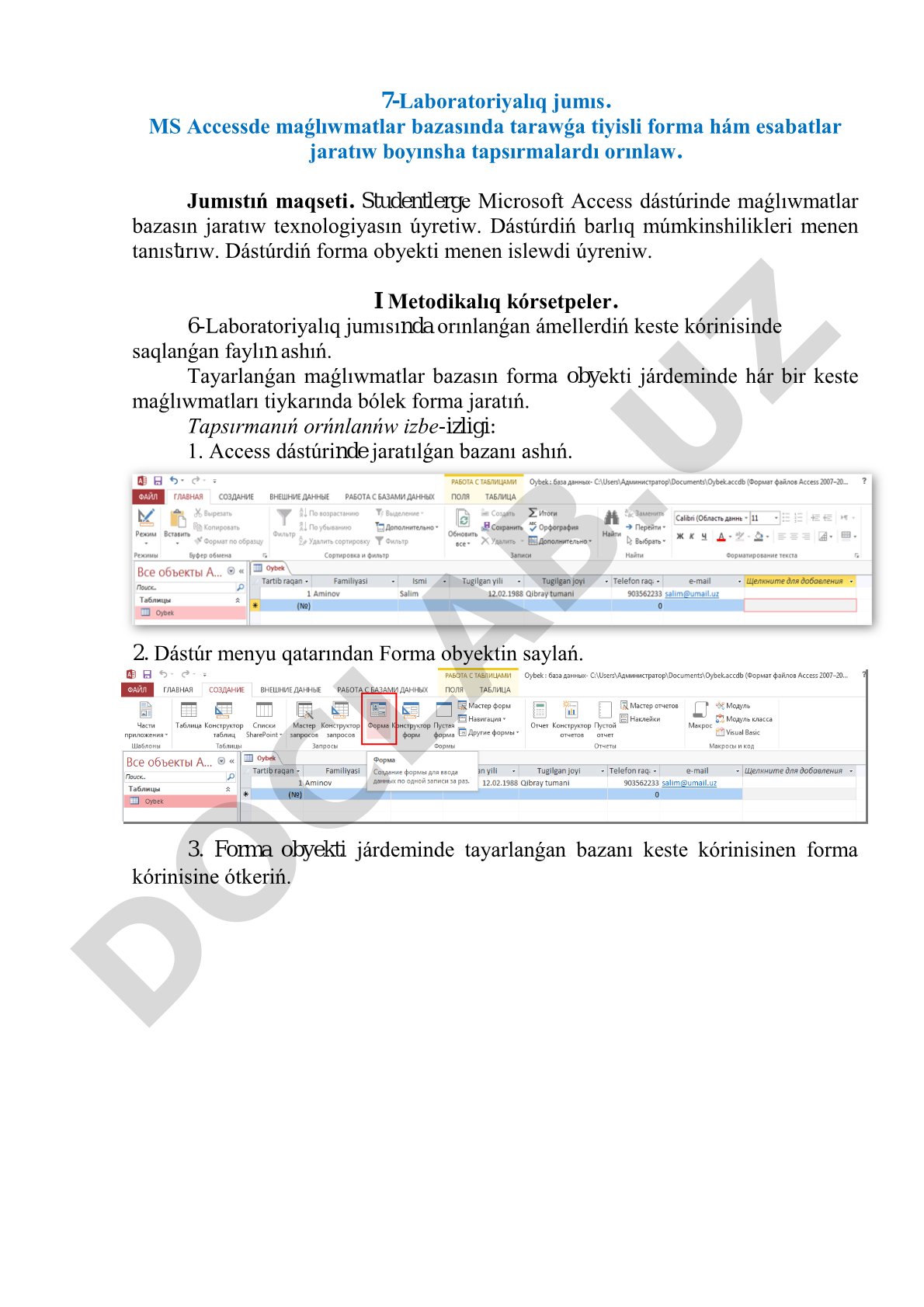 MS Accessde maǵlıwmatlar bazasında tarawǵa tiyisli forma hám esabatlar jaratıw