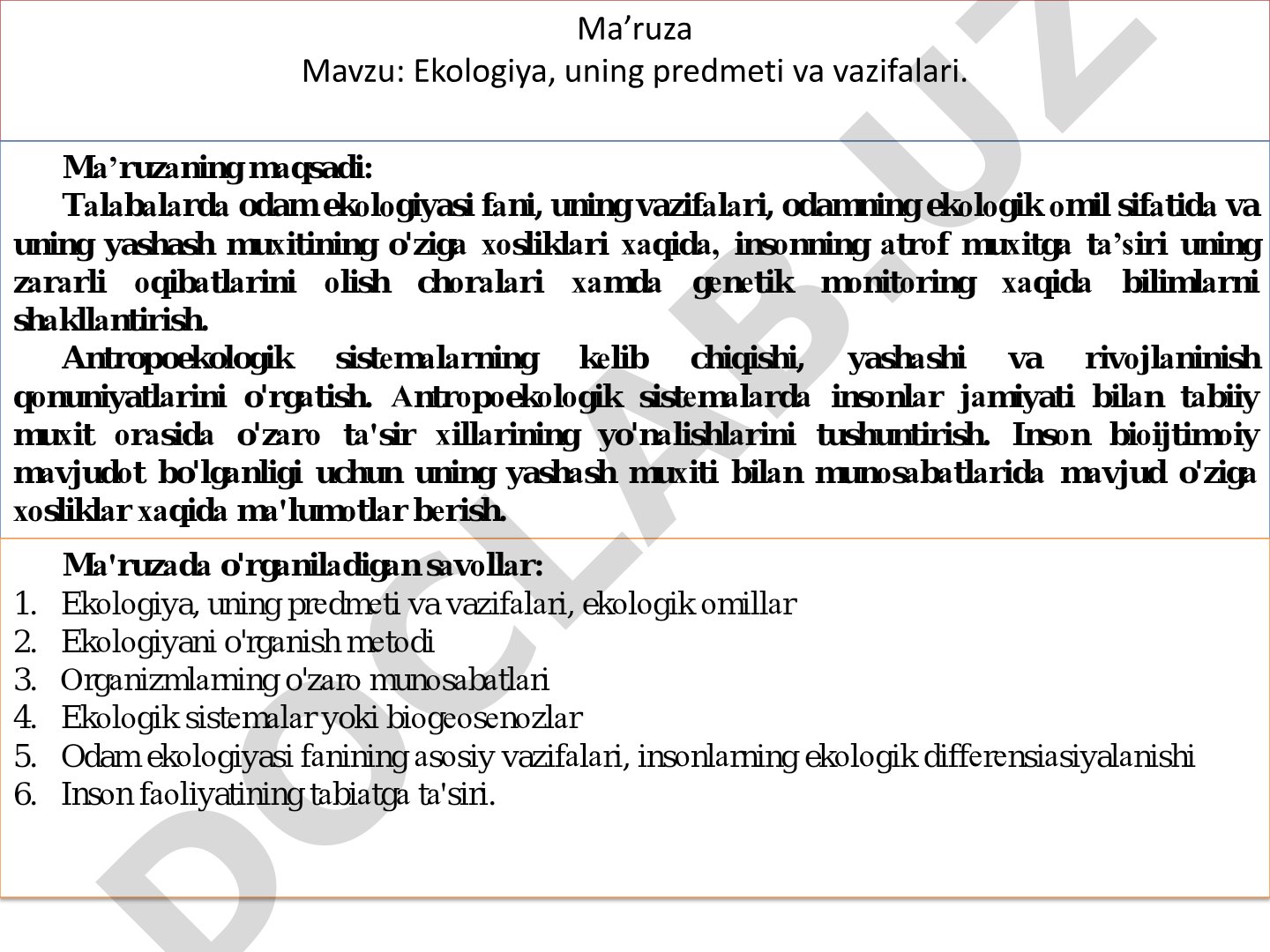 Ekologiya, uning predmeti va vazifalari