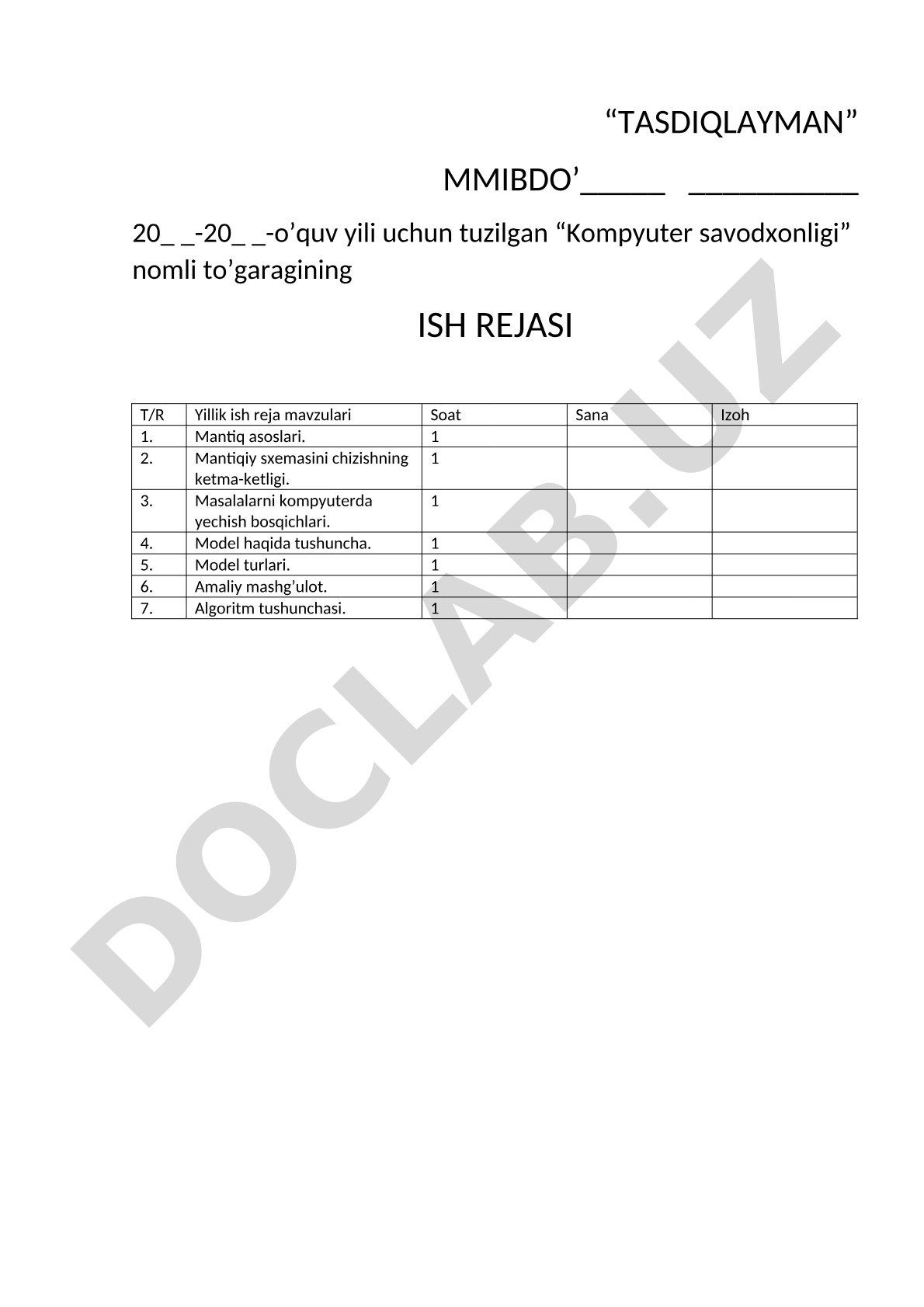 Kompyuter savodxonligi to'garagining yillik ish rejasi