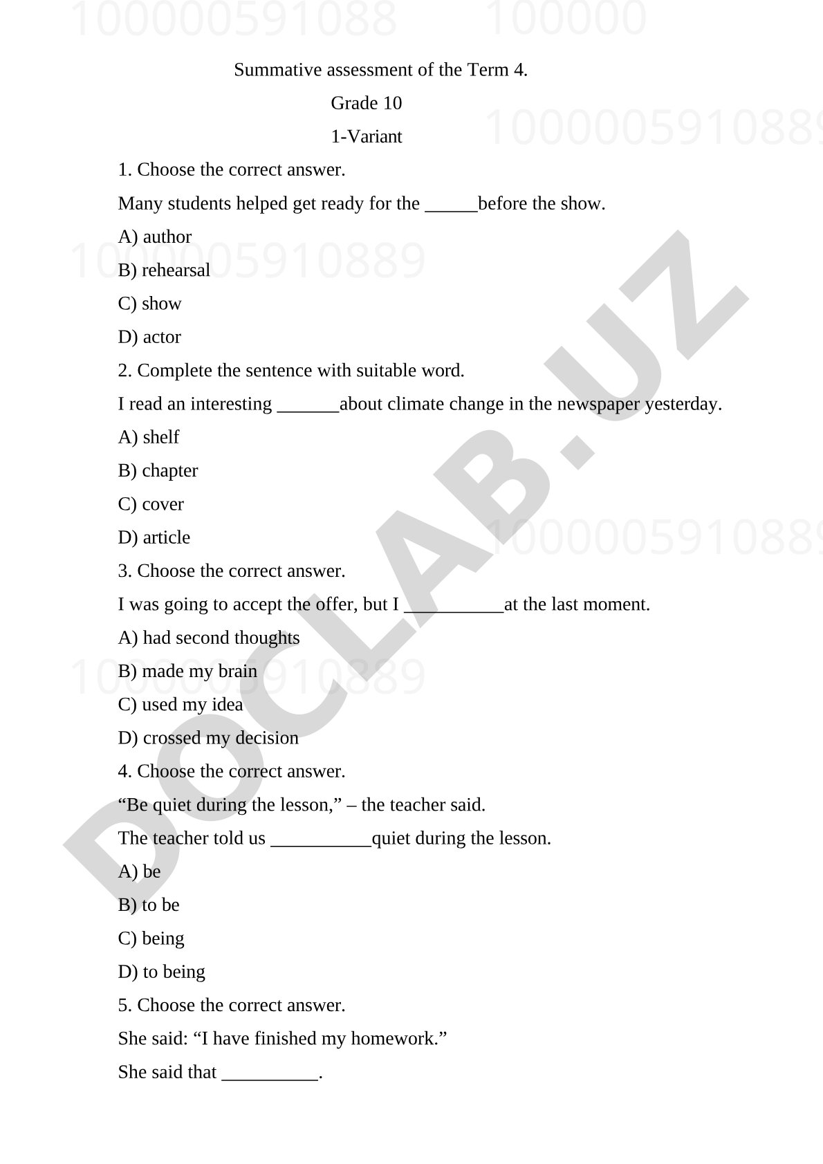 Summative assessment of the Term 4. Grade 10 1-Variant