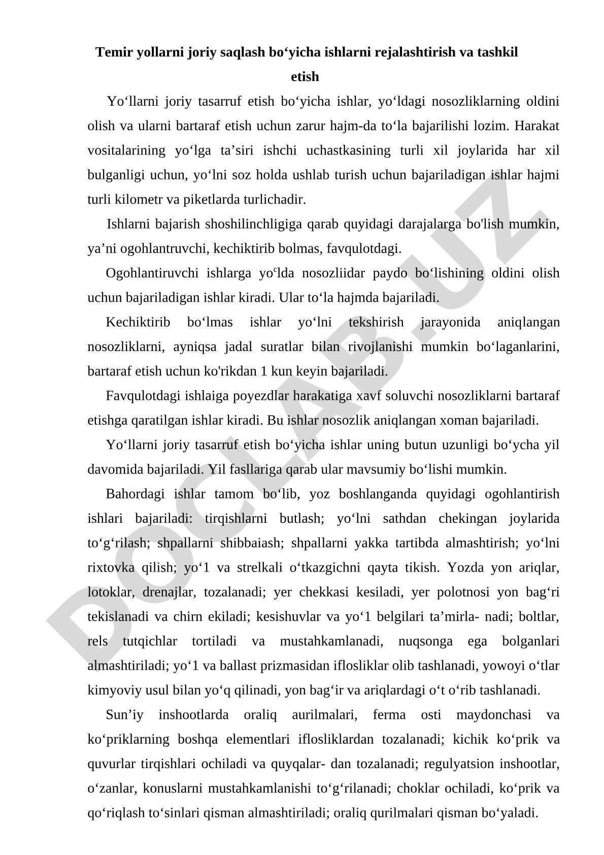 Temir yo'llarni joriy saqlash bo'yicha ishlarni rejalashtirish va tashkil etish