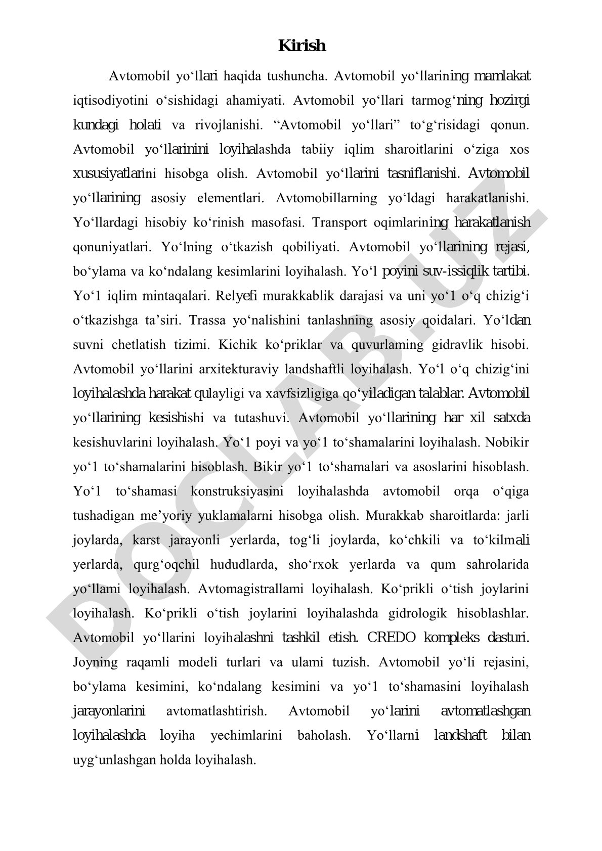 Avtomobil yo'llari, ularning tasnifi va loyihalash elementlari