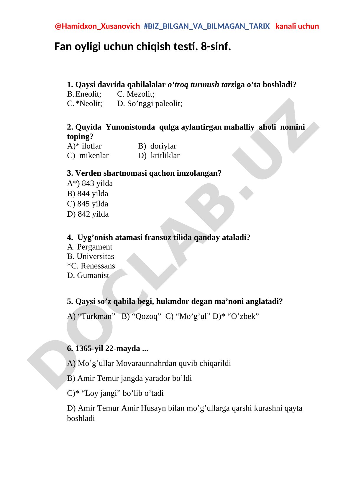 Tarix 8-sinf chiqish testi