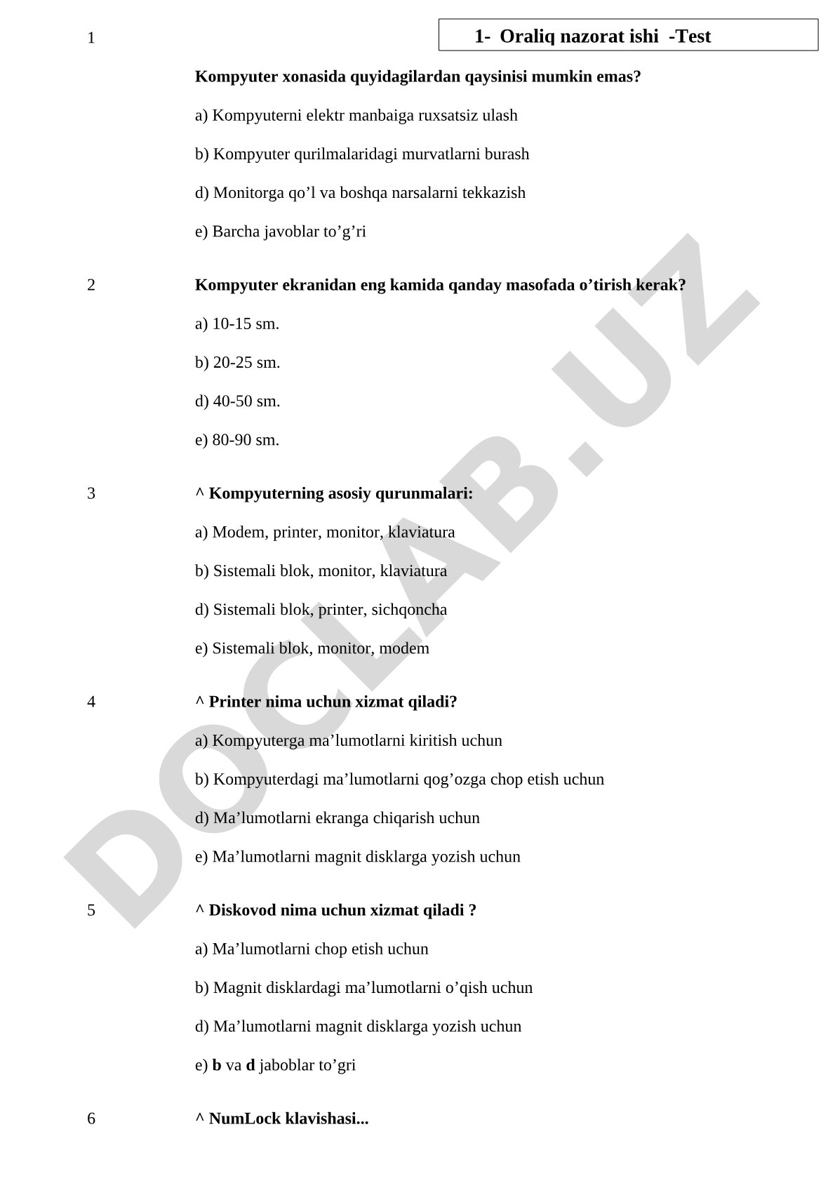 Kompyuter xonasida xavfsizlik va asosiy qurilmalar testi