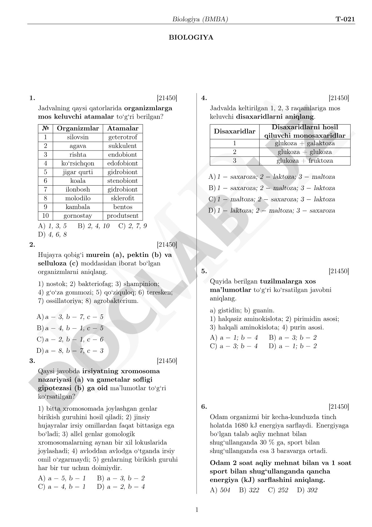 Biologiya fanidan test savollari