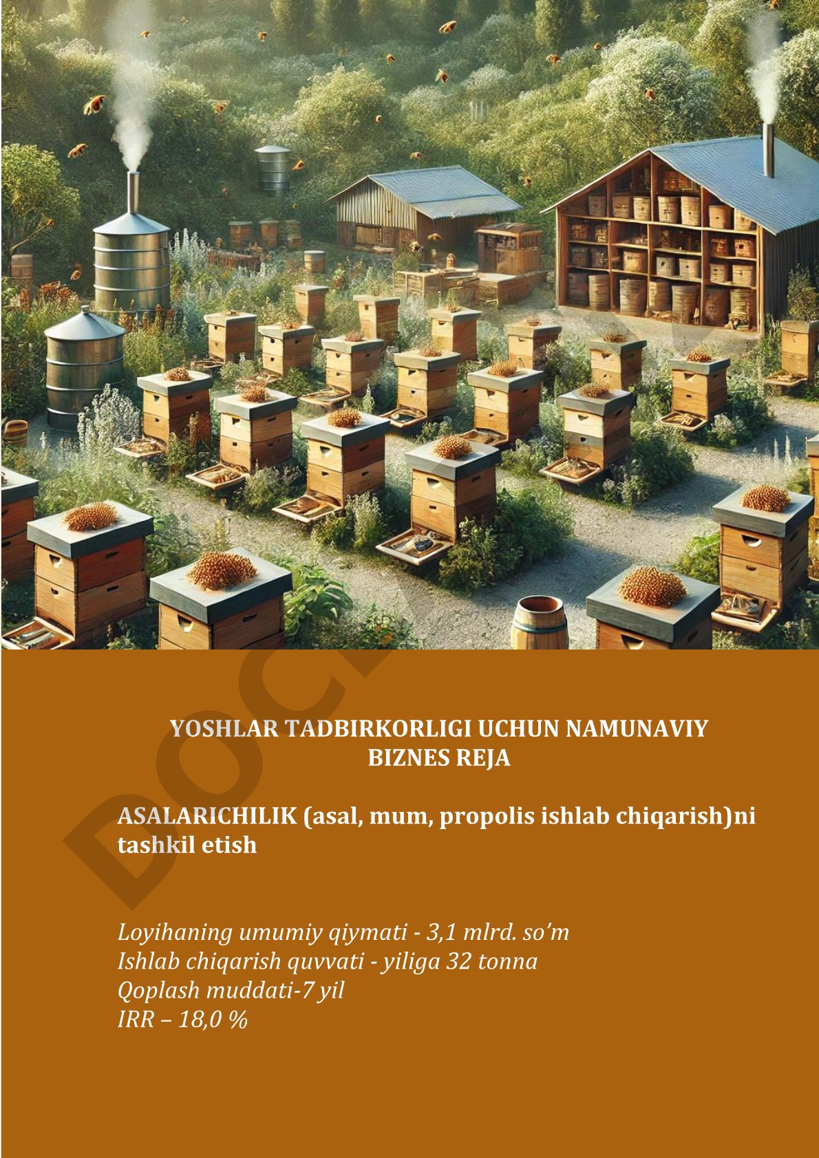 Yoshlar tadbirkorligi uchun namunaviy biznes reja: asalarichilik