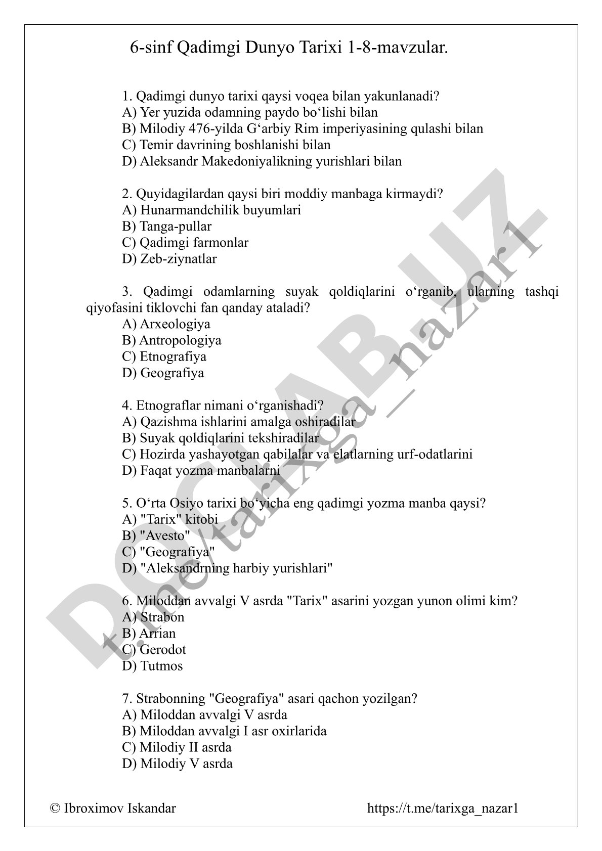 6-sinf Qadimgi Dunyo Tarixi 1-8-mavzular