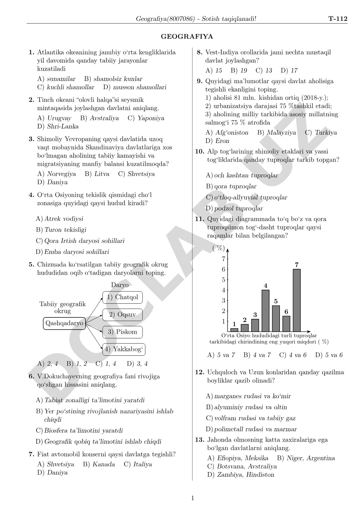 Geografiya fanidan T-112 test savollari