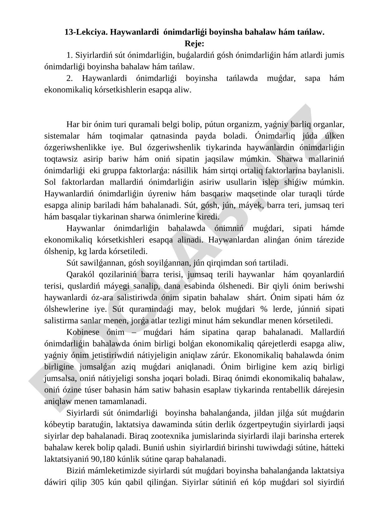 Haywanlardi ónimdarliǵi boyinsha bahalaw hám tańlaw