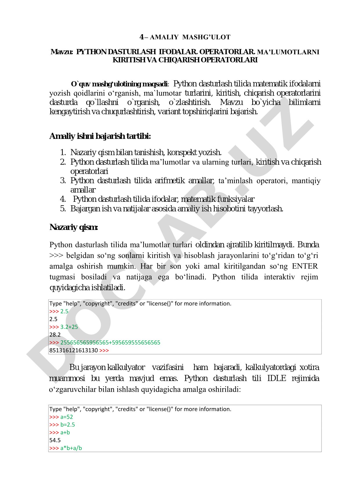 PYTHON DASTURLASH IFODALAR. OPERATORLAR. MA’LUMOTLARNI KIRITISH VA CHIQARISH OPERATORLARI
