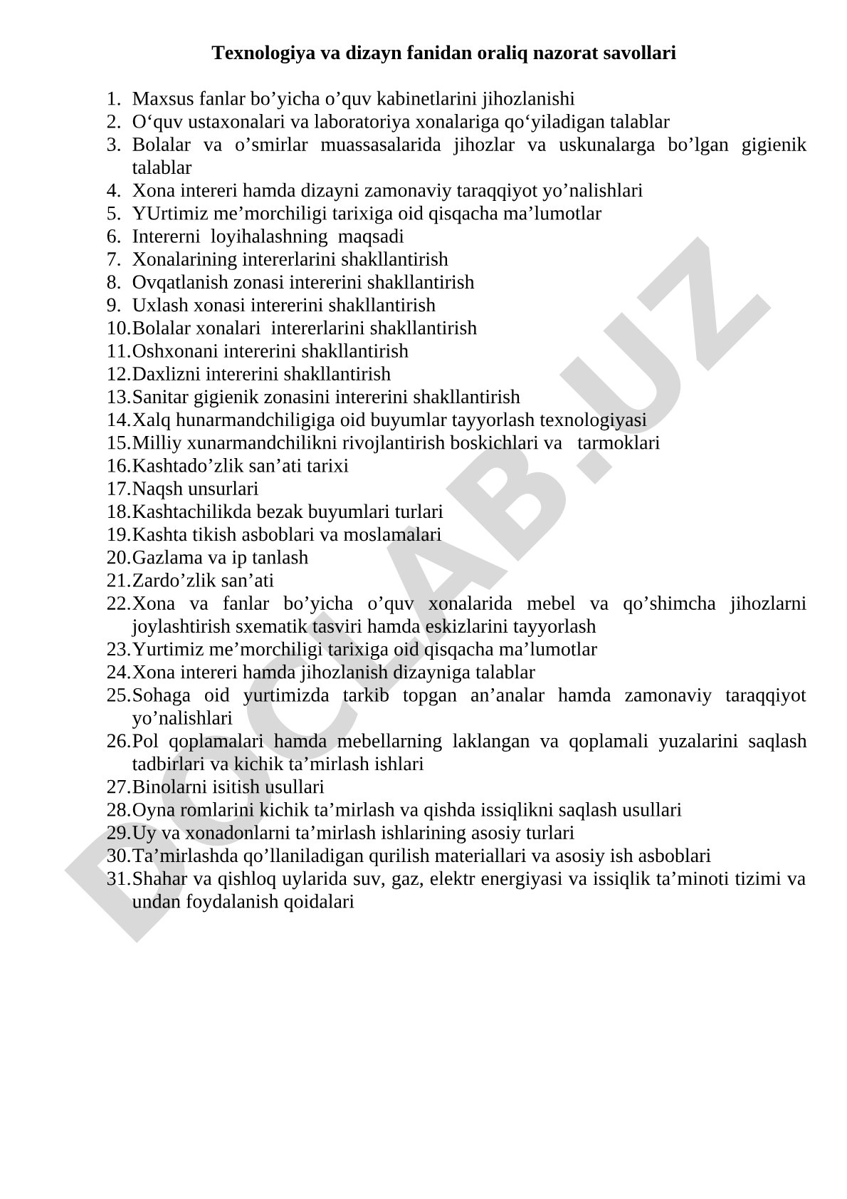 Texnologiya va dizayn fanidan oraliq nazorat savollari