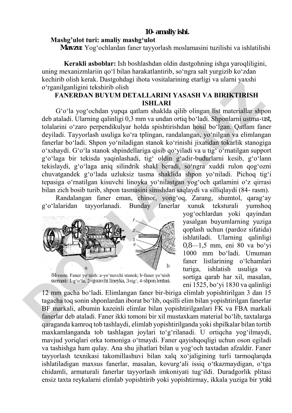 Yog'ochlardan faner tayyorlash moslamasini tuzilishi va ishlatilishi