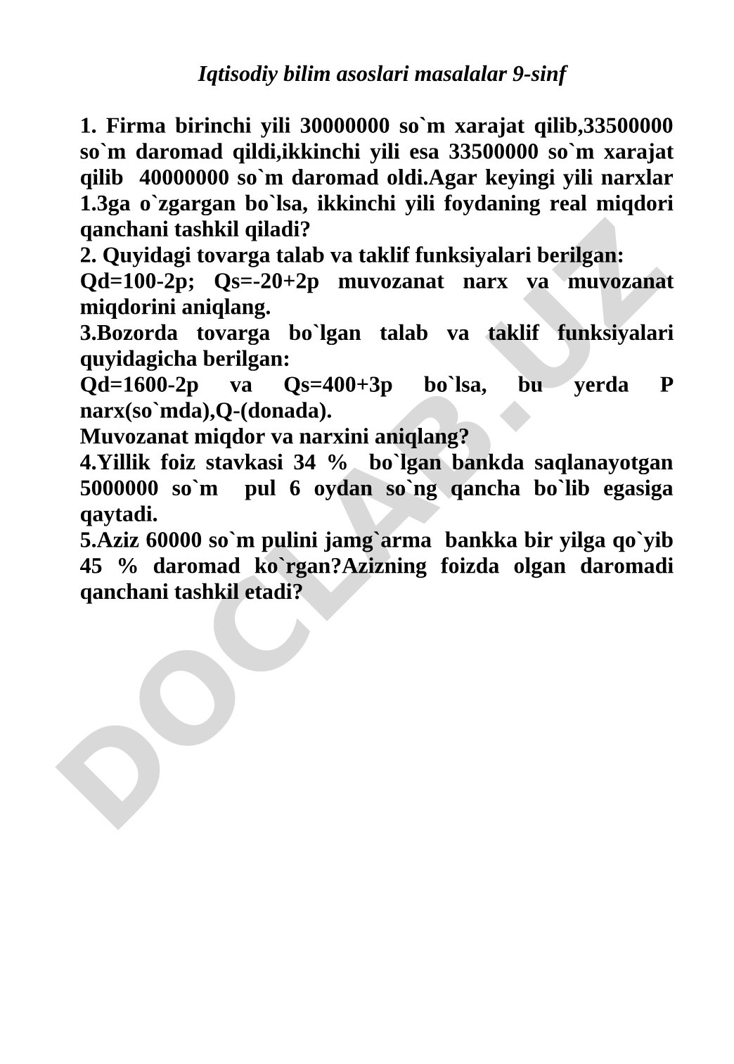Iqtisodiy bilim asoslari masalalar 9-sinf