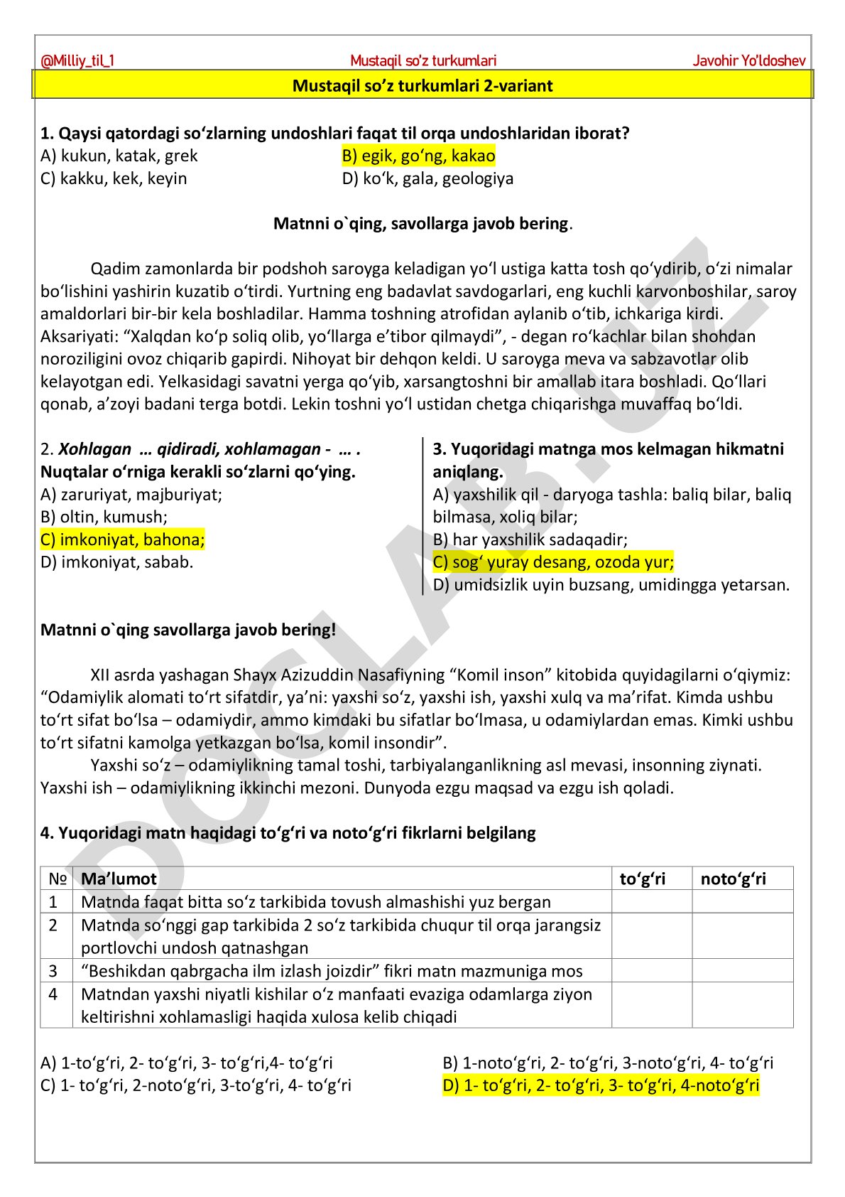 Mustaqil so’z turkumlari 2-variant