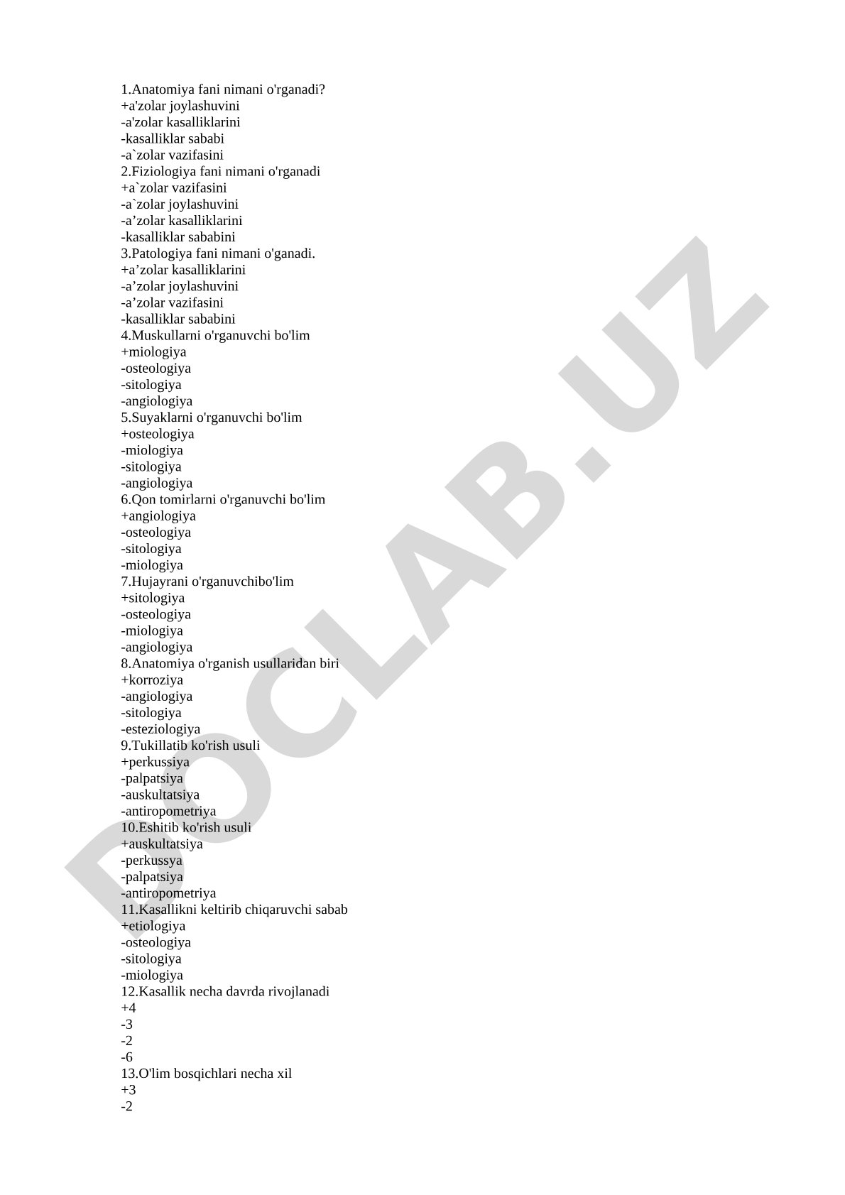 Anatomiya, fiziologiya va patologiya fanlaridan test savollari