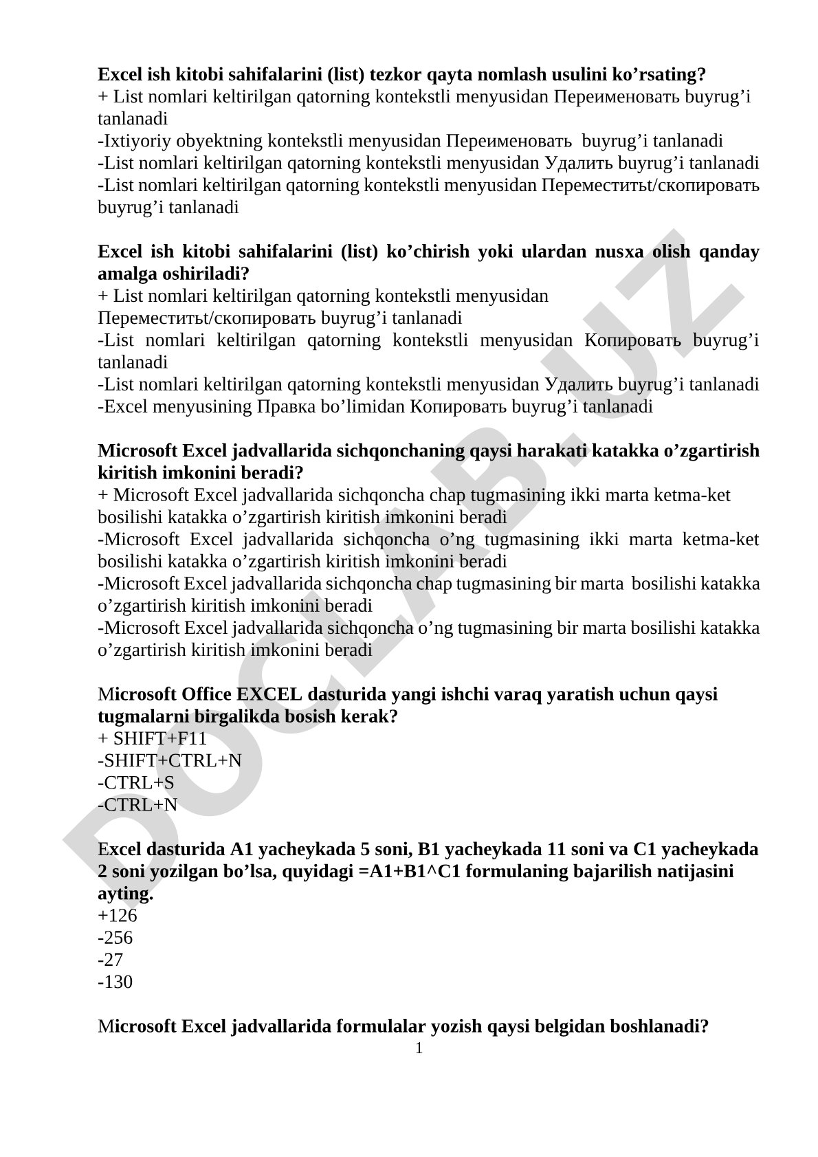 Excel ish kitobi bo'yicha test savollari