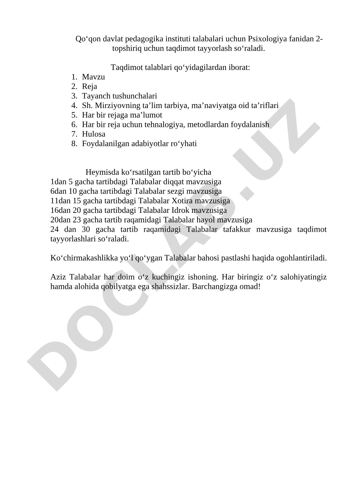 Psixologiya fanidan 2-topshiriq uchun taqdimot talablari