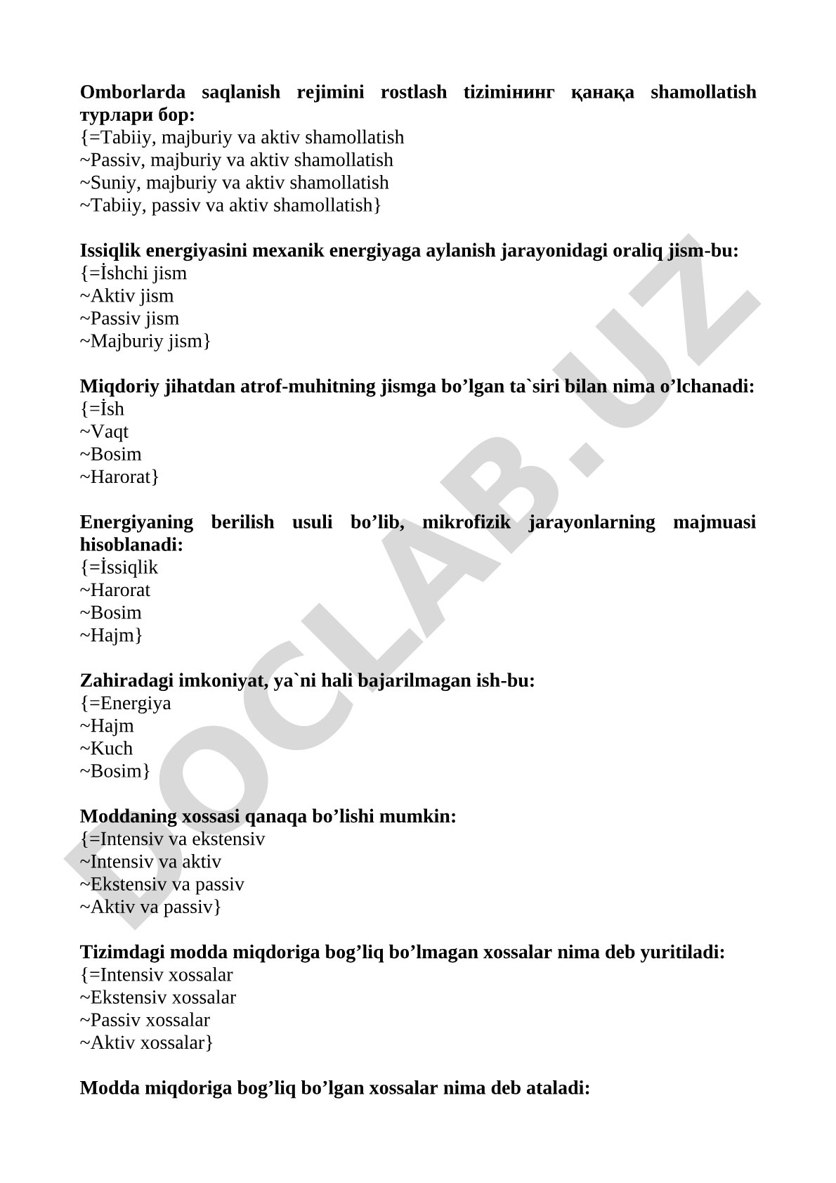 Texnik termodinamika bo'yicha test savollari: energiya, ishchi jism, modda xossalari