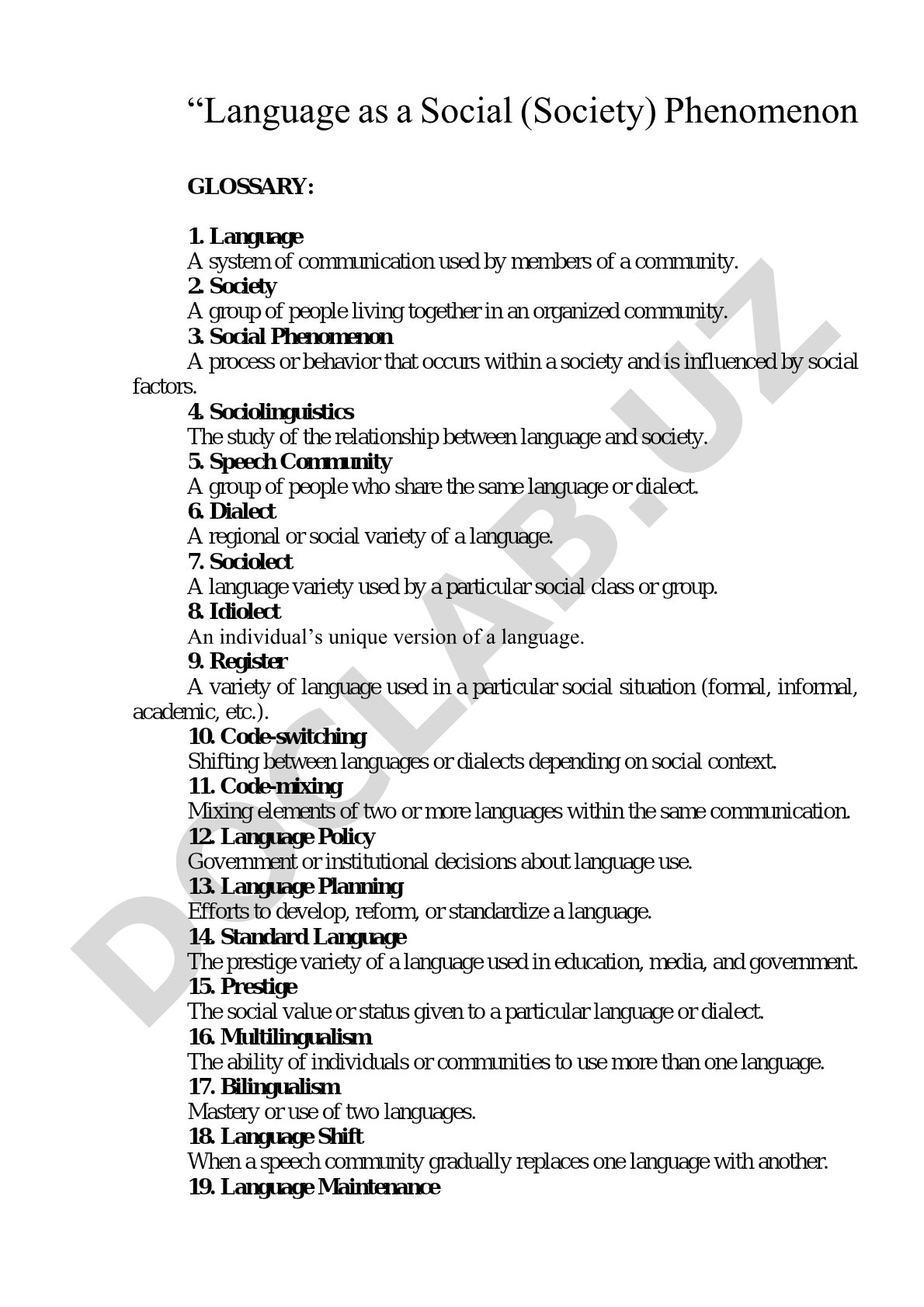 Language as a Social (Society) Phenomenon Glossary