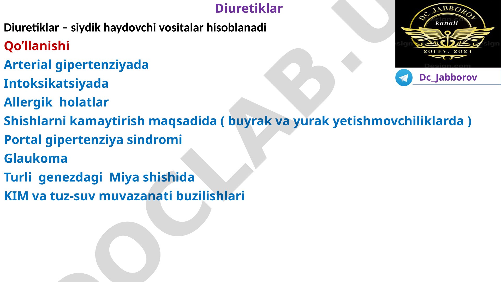 Diuretiklar tasnifi, qo'llanishi, ta'sir mexanizmi va dozalari yoritilgan