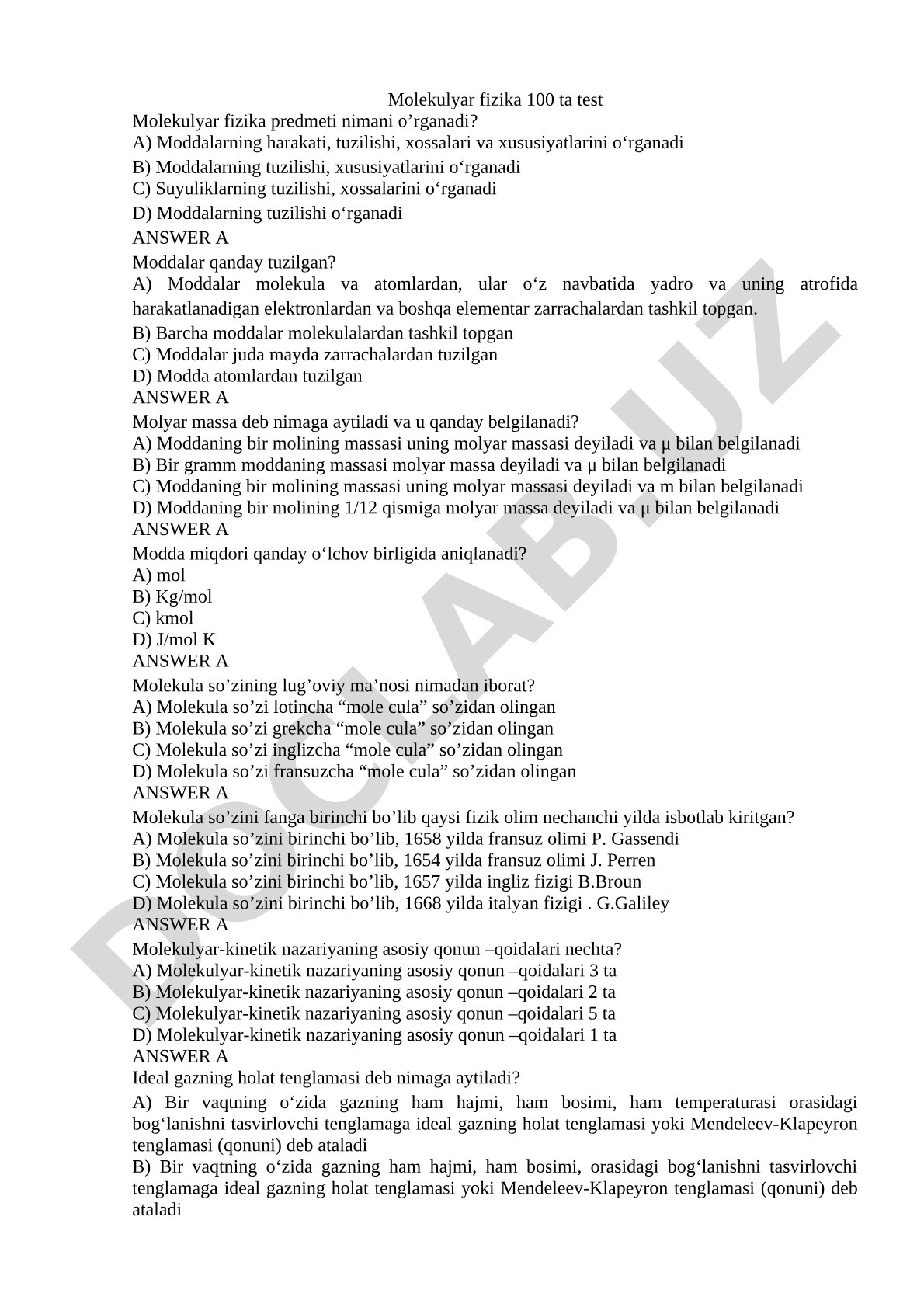 Molekulyar fizika 100 ta test