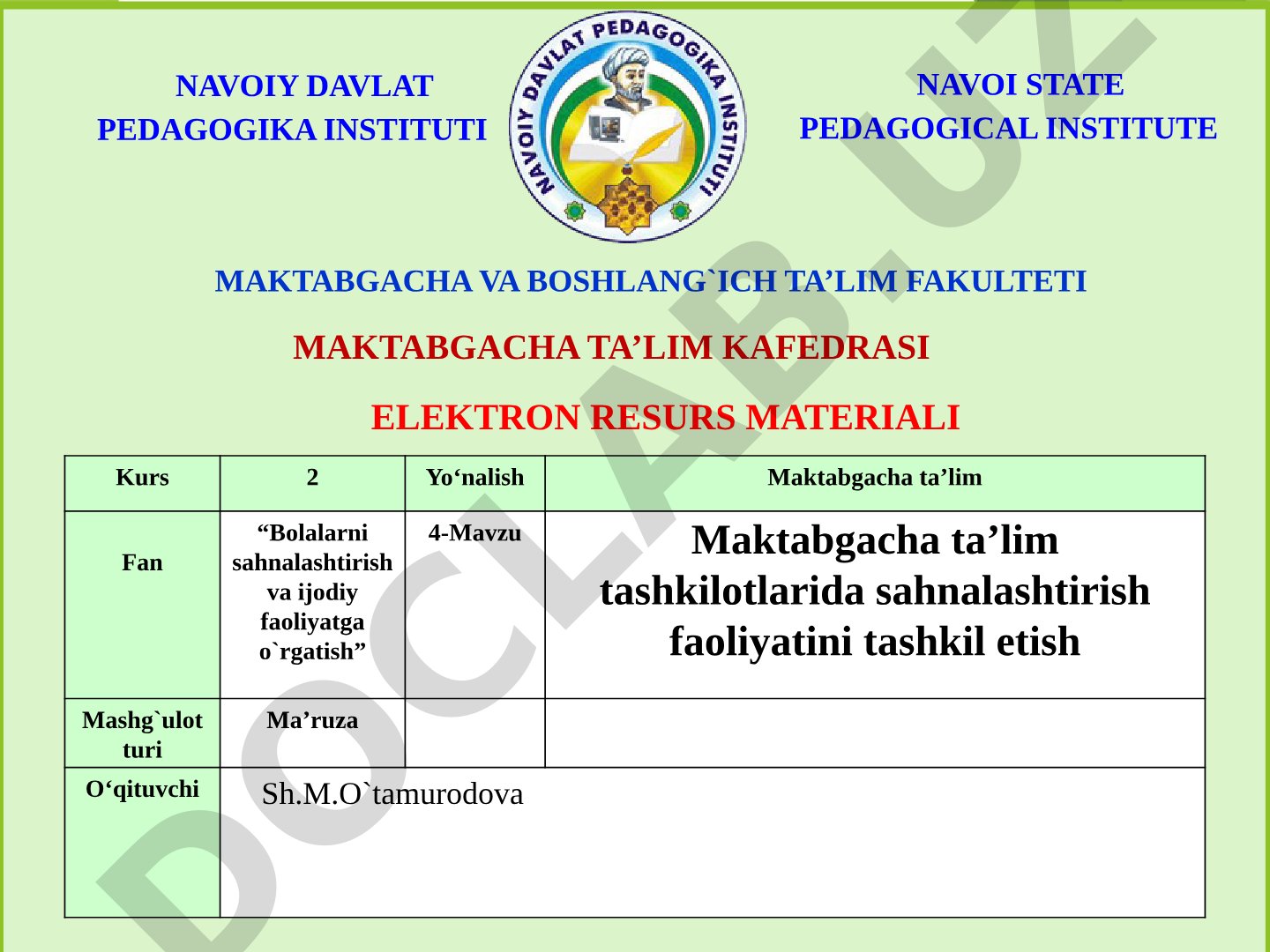 Maktabgacha ta'lim tashkilotlarida sahnalashtirish faoliyatini tashkil etish