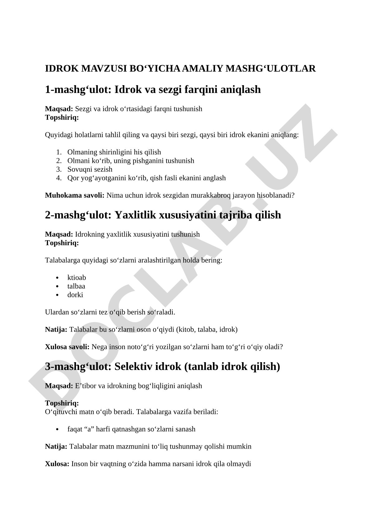 Idrok mavzusi bo'yicha amaliy mashg'ulotlar